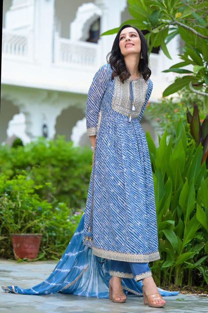 Blue Cotton Kurta Set With Dupatta by Indian Wear with Blue, Cotton, Ethnic Wear, Kurta Pant Sets, Kurta Set with Dupattas, Leheriya Prints, Natural, Prints, Regular Fit, Womenswear at Kamakhyaa for sustainable fashion