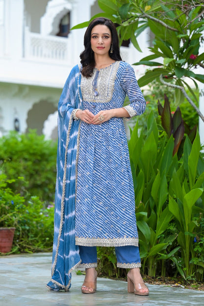 Blue Cotton Kurta Set With Dupatta by Indian Wear with Blue, Cotton, Ethnic Wear, Kurta Pant Sets, Kurta Set with Dupattas, Leheriya Prints, Natural, Prints, Regular Fit, Womenswear at Kamakhyaa for sustainable fashion