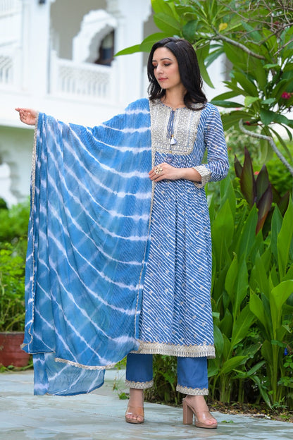 Blue Cotton Kurta Set With Dupatta by Indian Wear with Blue, Cotton, Ethnic Wear, Kurta Pant Sets, Kurta Set with Dupattas, Leheriya Prints, Natural, Prints, Regular Fit, Womenswear at Kamakhyaa for sustainable fashion