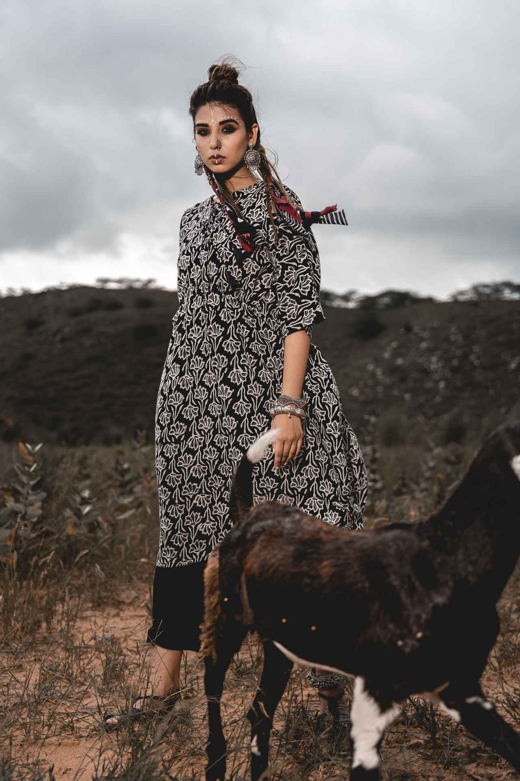 Cotton Block Printed Kaftan With Pants Set Of 2 by Keva with Black, Block Prints, Co-ord Sets, Cotton, Natural, Relaxed Fit, Resort Wear, Travel, Travel Co-ords, Wild Child, Womenswear at Kamakhyaa for sustainable fashion