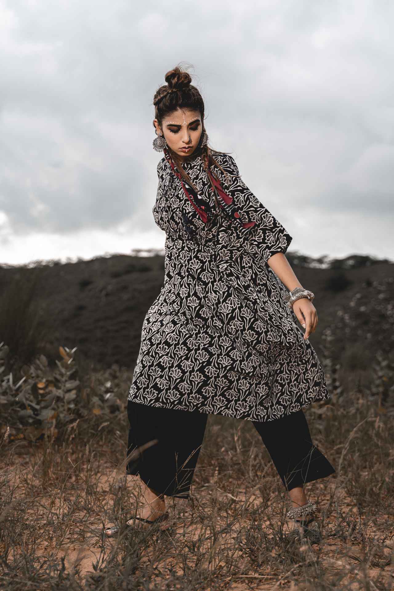 Cotton Block Printed Kaftan With Pants Set Of 2 by Keva with Black, Block Prints, Co-ord Sets, Cotton, Natural, Relaxed Fit, Resort Wear, Travel, Travel Co-ords, Wild Child, Womenswear at Kamakhyaa for sustainable fashion