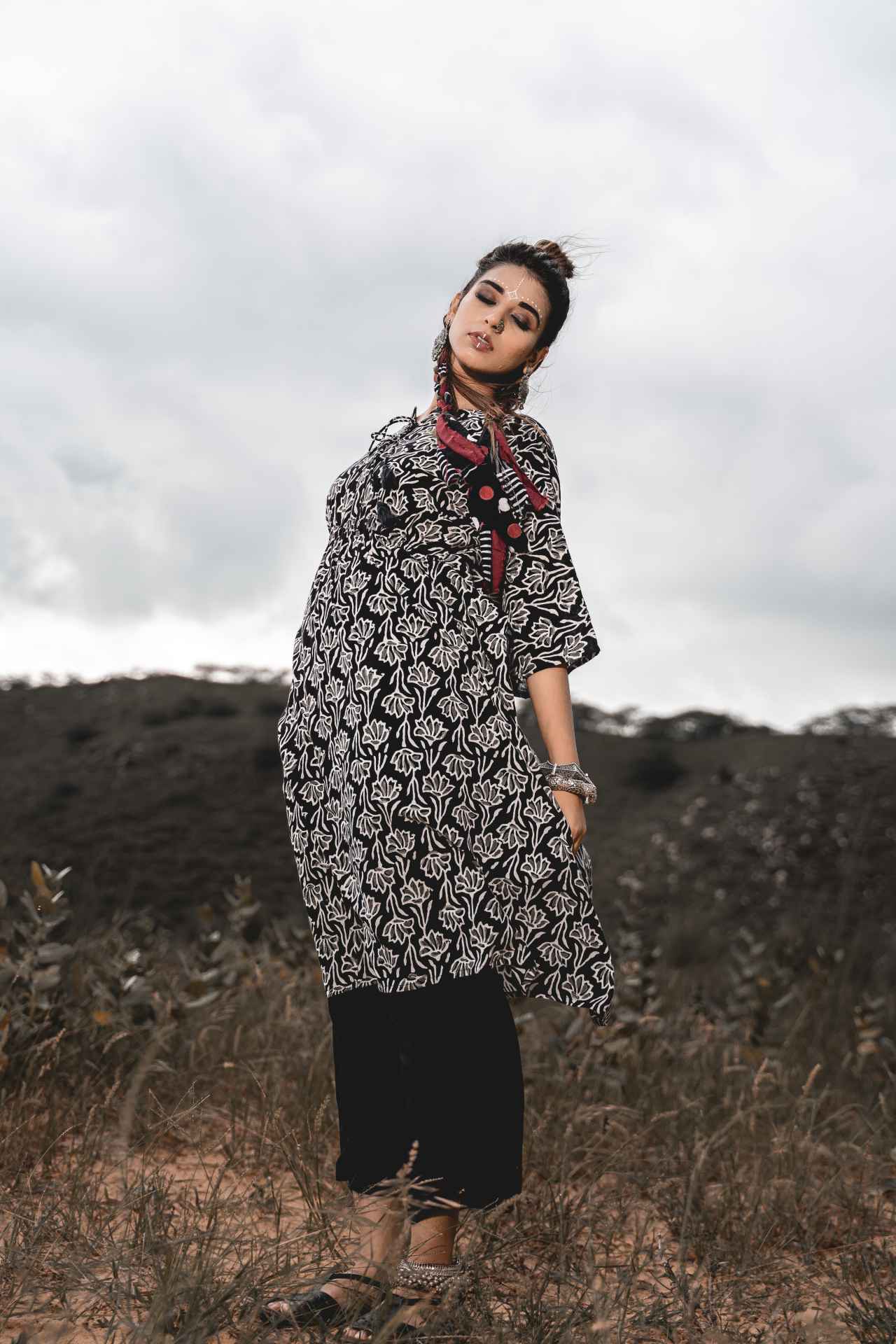 Cotton Block Printed Kaftan With Pants Set Of 2 by Keva with Black, Block Prints, Co-ord Sets, Cotton, Natural, Relaxed Fit, Resort Wear, Travel, Travel Co-ords, Wild Child, Womenswear at Kamakhyaa for sustainable fashion