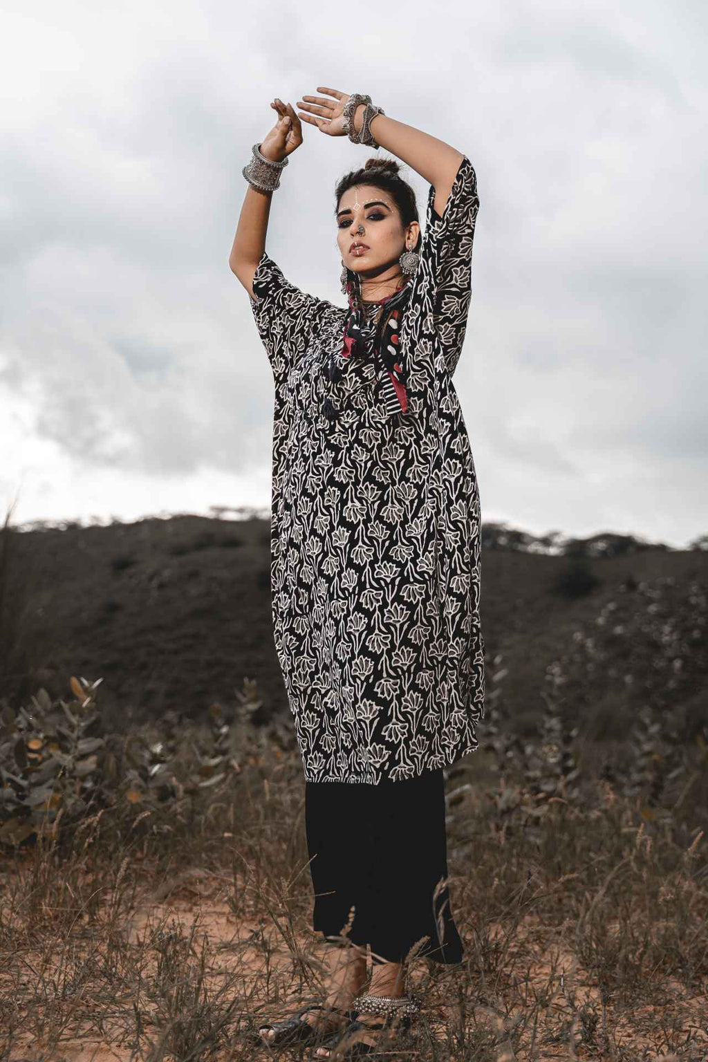 Cotton Block Printed Kaftan With Pants Set Of 2 by Keva with Black, Block Prints, Co-ord Sets, Cotton, Natural, Relaxed Fit, Resort Wear, Travel, Travel Co-ords, Wild Child, Womenswear at Kamakhyaa for sustainable fashion