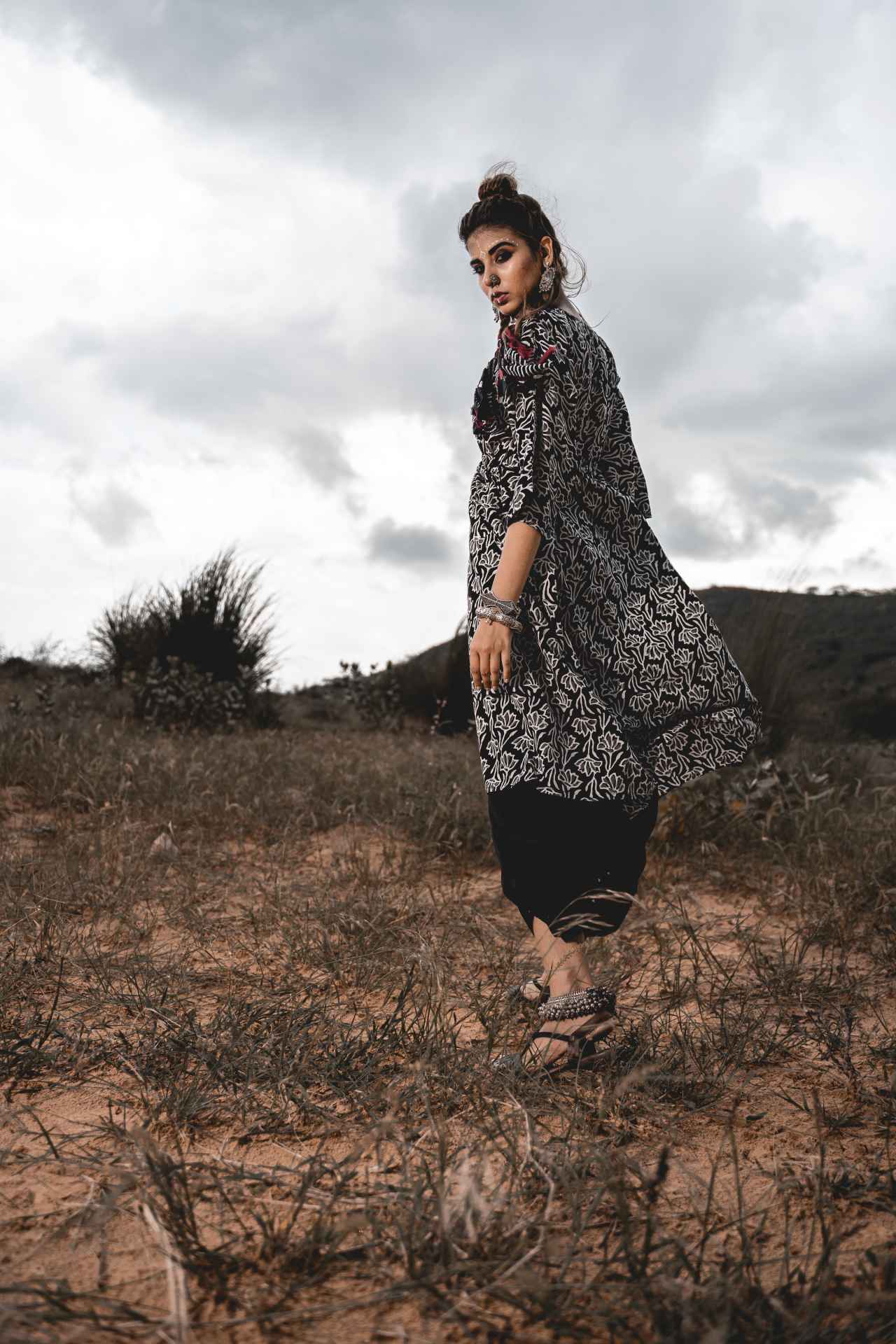 Cotton Block Printed Kaftan With Pants Set Of 2 by Keva with Black, Block Prints, Co-ord Sets, Cotton, Natural, Relaxed Fit, Resort Wear, Travel, Travel Co-ords, Wild Child, Womenswear at Kamakhyaa for sustainable fashion