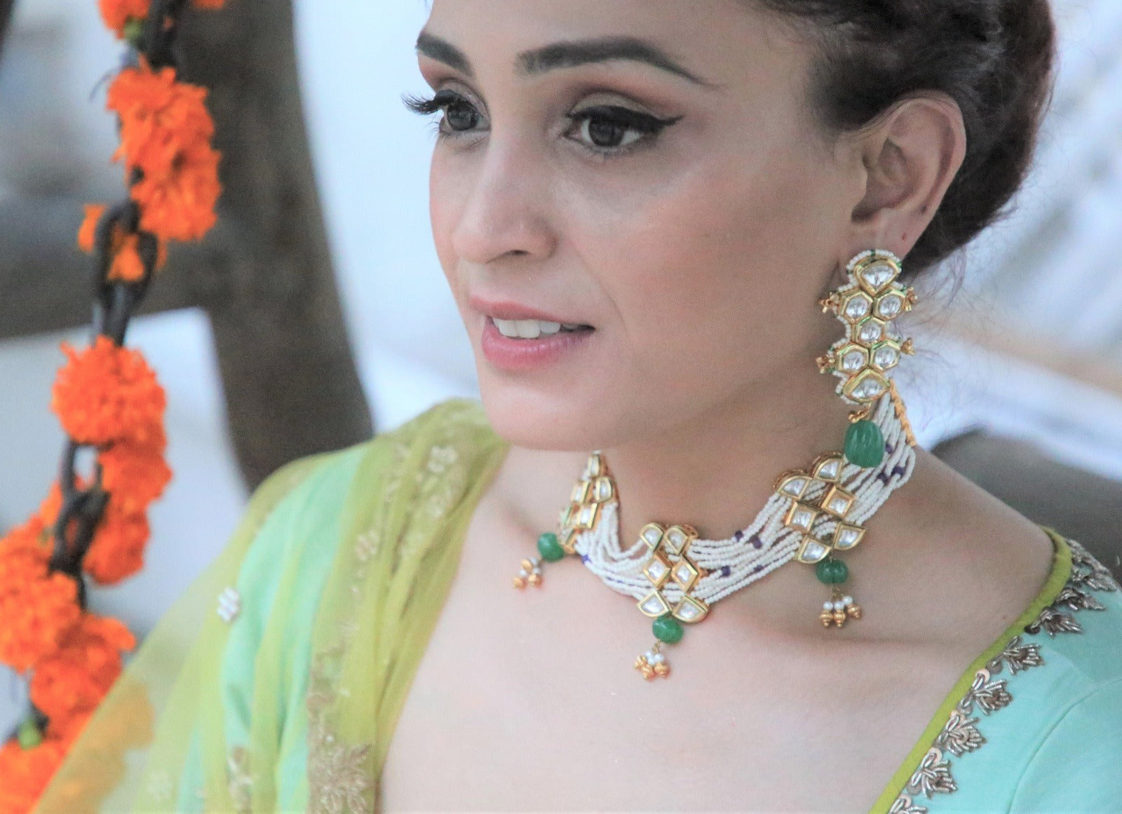 Green Long Earrings Kalika by House Of Heer with Alloy Metal, Festive Jewellery, Festive Wear, Free Size, Gemstone, Green, jewelry, July Sale, July Sale 2023, Long Earrings, Natural, Solids, Textured at Kamakhyaa for sustainable fashion