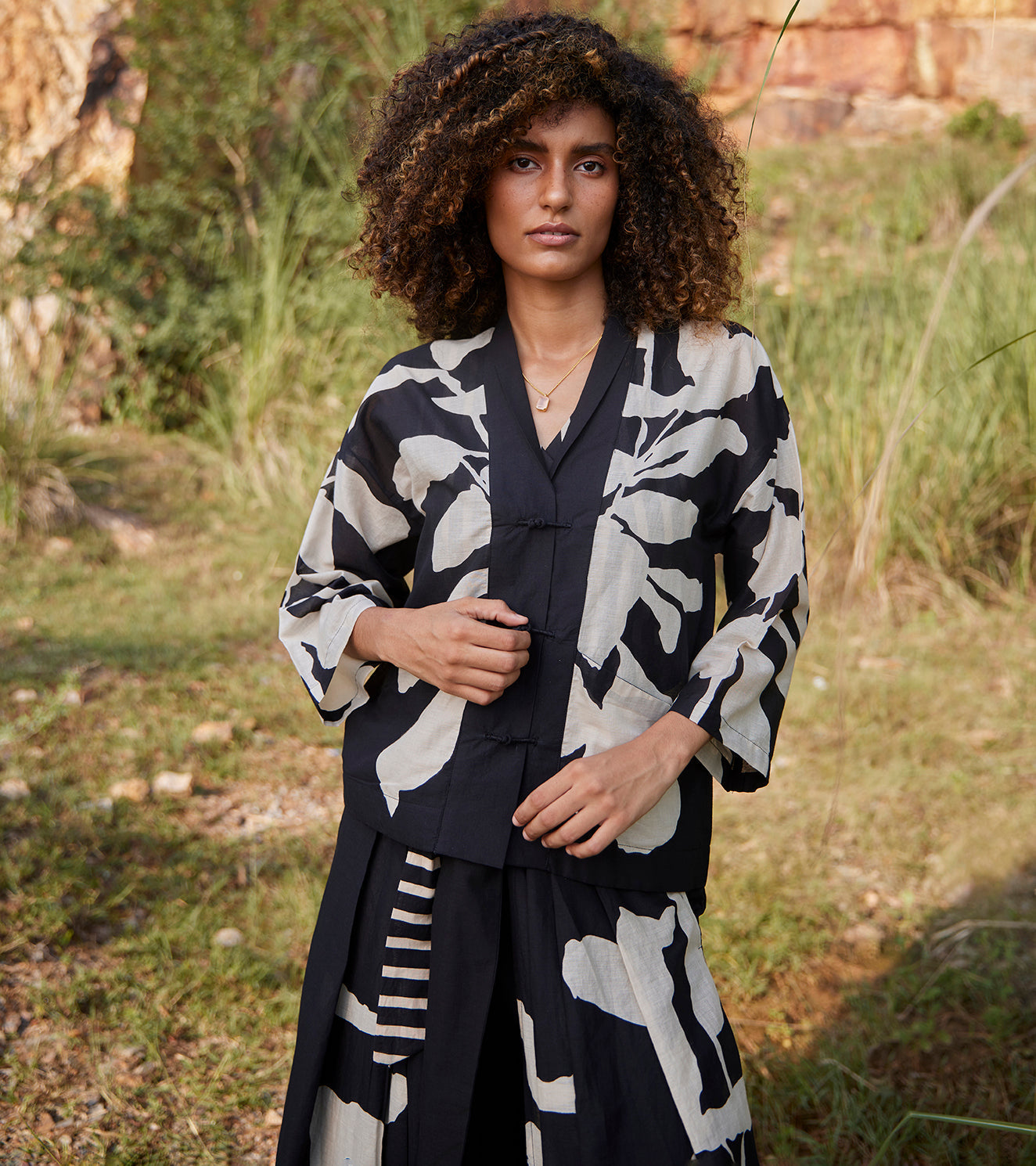 Black Printed Top by Khara Kapas with 100% Cotton, Black, Blouses, Casual Wear, Organic, Prints, Regular Fit, Shirts, Under The Autumn Moon A/W 2022, Under The Autumn Moon by Khara Kapas, Womenswear at Kamakhyaa for sustainable fashion