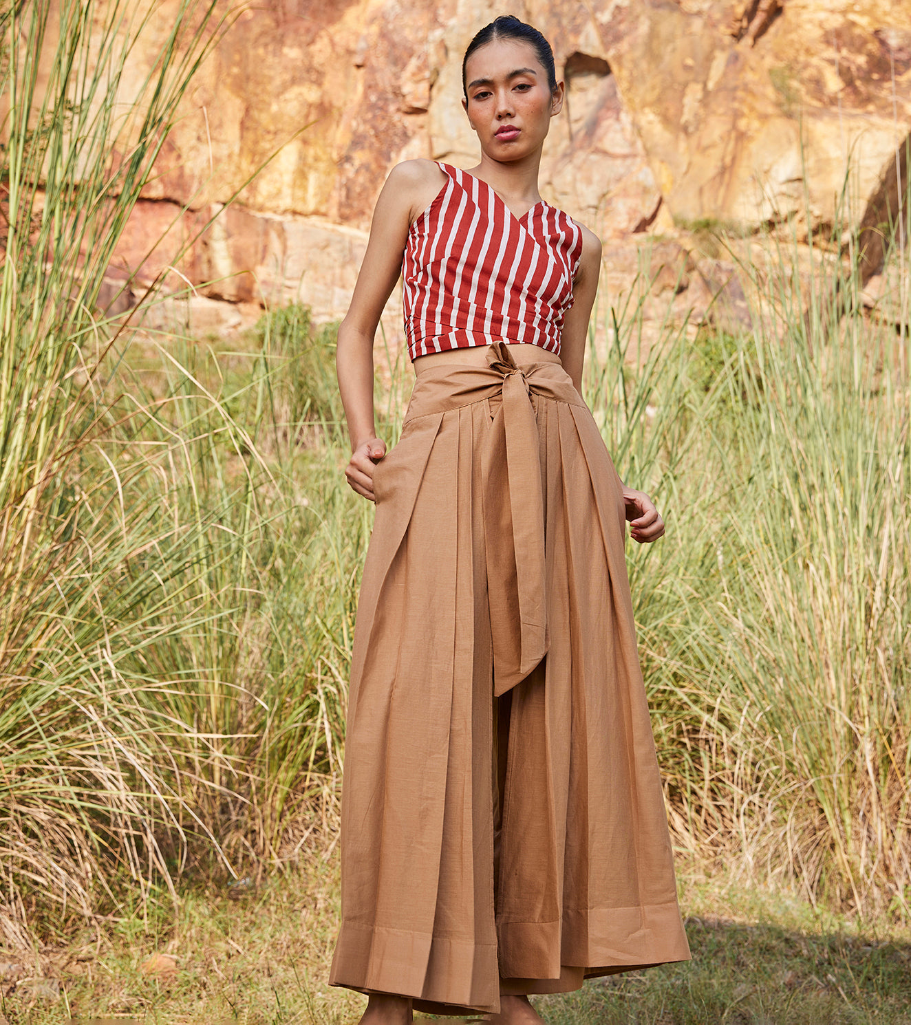 Brown Pleated Pants at Kamakhyaa by Khara Kapas. This item is 100% Cotton, Brown, Casual Wear, fall, Fitted at Waist, Organic, Palazzo Pants, Solids, Under The Autumn Moon A/W 2022, Womenswear