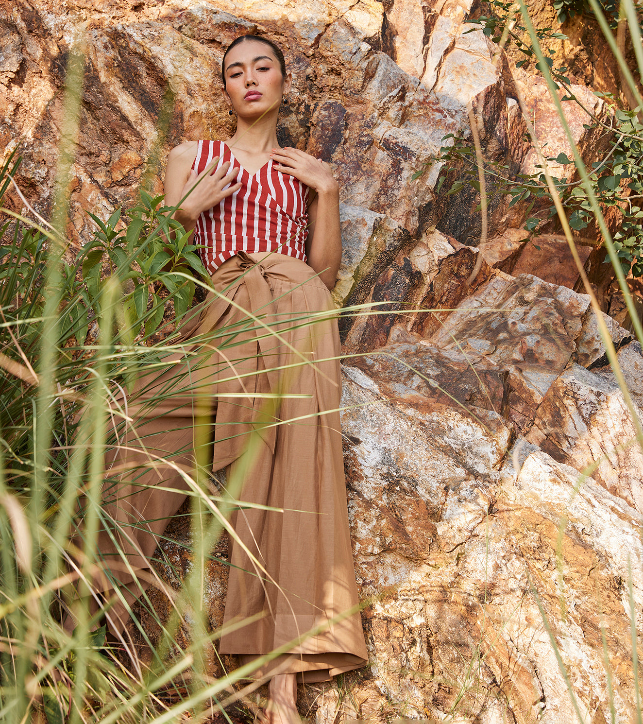 Brown Pleated Pants at Kamakhyaa by Khara Kapas. This item is 100% Cotton, Brown, Casual Wear, fall, Fitted at Waist, Organic, Palazzo Pants, Solids, Under The Autumn Moon A/W 2022, Womenswear