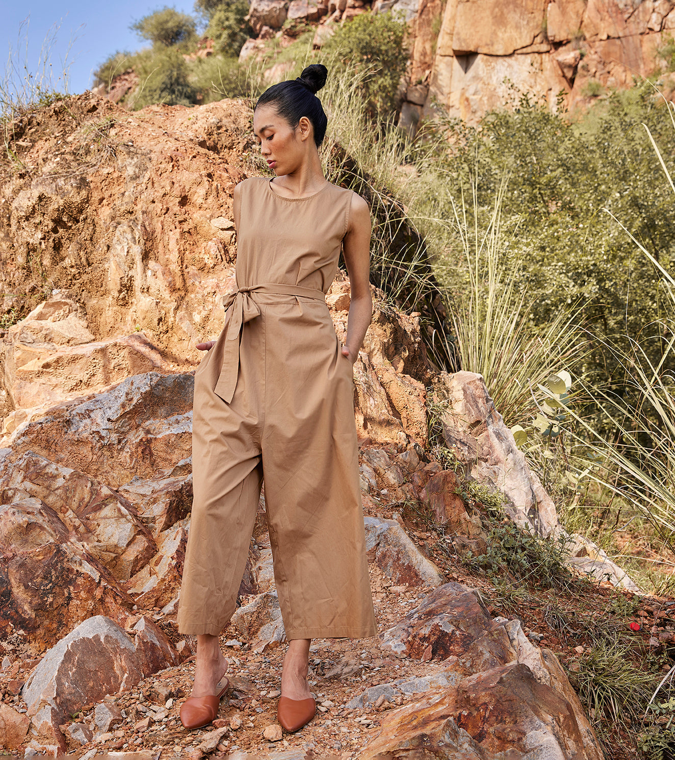 Beige Jumpsuit by Khara Kapas with Beige, Casual Wear, Cotton Poplin, Jumpsuits, Organic, Prints, Regular Fit, Under The Autumn Moon A/W 2022, Under The Autumn Moon by Khara Kapas, Womenswear at Kamakhyaa for sustainable fashion