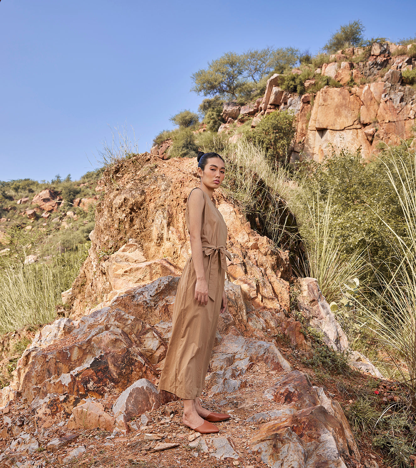 Beige Jumpsuit by Khara Kapas with Beige, Casual Wear, Cotton Poplin, Jumpsuits, Organic, Prints, Regular Fit, Under The Autumn Moon A/W 2022, Under The Autumn Moon by Khara Kapas, Womenswear at Kamakhyaa for sustainable fashion