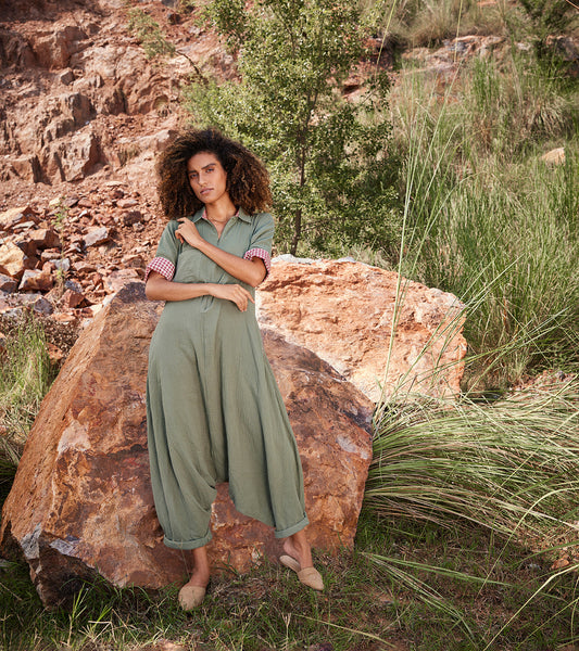 Green Solid Jumpsuit by Khara Kapas with Casual Wear, Double Weave Cotton, Green, Jumpsuits, Organic, Regular Fit, Solids, Under The Autumn Moon A/W 2022, Under The Autumn Moon by Khara Kapas, Womenswear at Kamakhyaa for sustainable fashion
