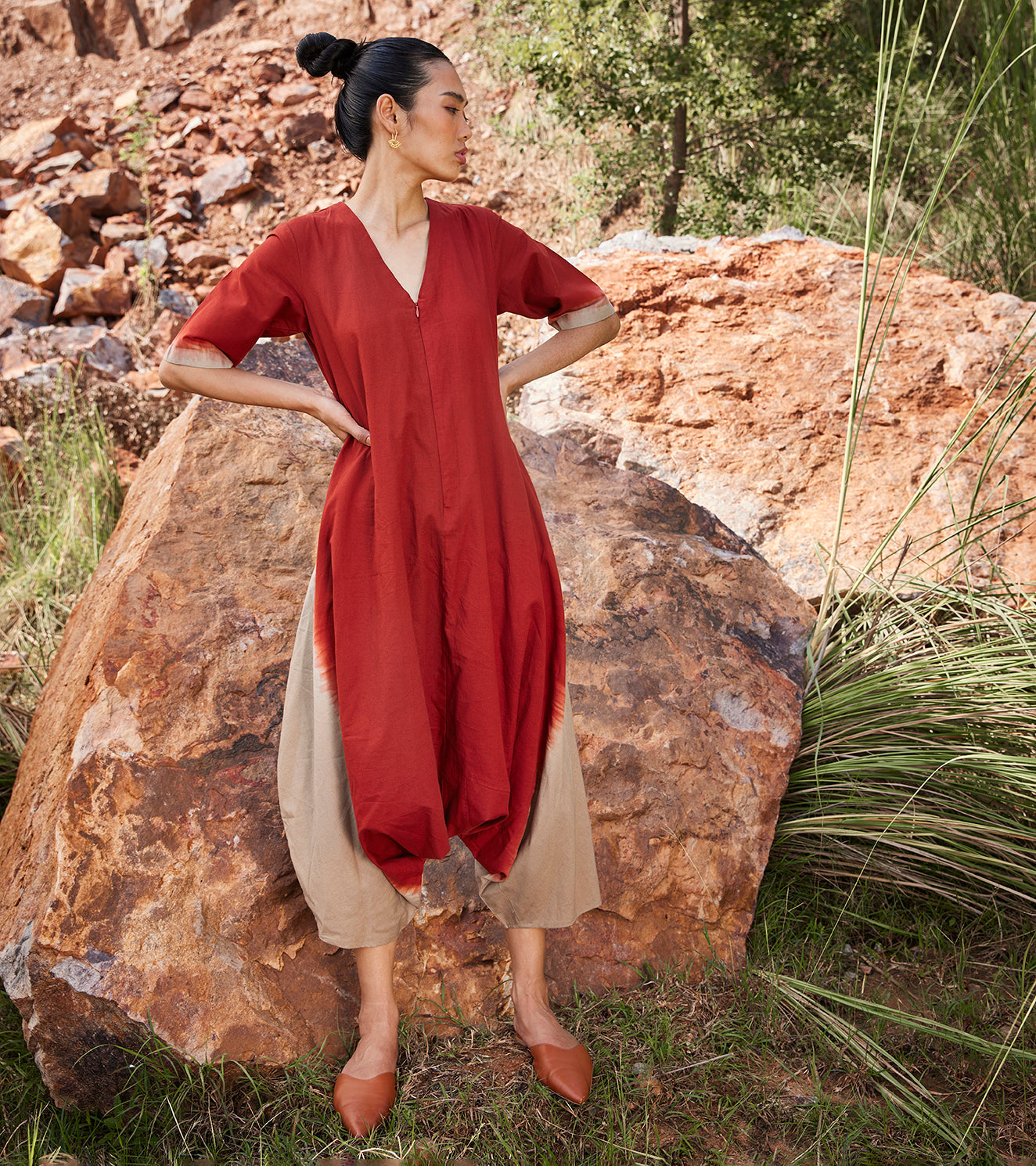 Heartthrob Jumpsuit Dresses Casual Wear, Jumpsuits, Khadi Cotton, Organic, Red, Relaxed Fit, Solids, Under The Autumn Moon A/W 2022 Khara Kapas Kamakhyaa