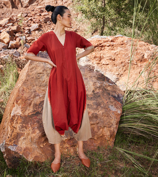 Red Khadi Cotton Jumpsuit by Khara Kapas with Best Selling, Casual Wear, Jumpsuits, Khadi Cotton, Organic, Red, Relaxed Fit, Solids, Under The Autumn Moon A/W 2022, Under The Autumn Moon by Khara Kapas, Womenswear at Kamakhyaa for sustainable fashion