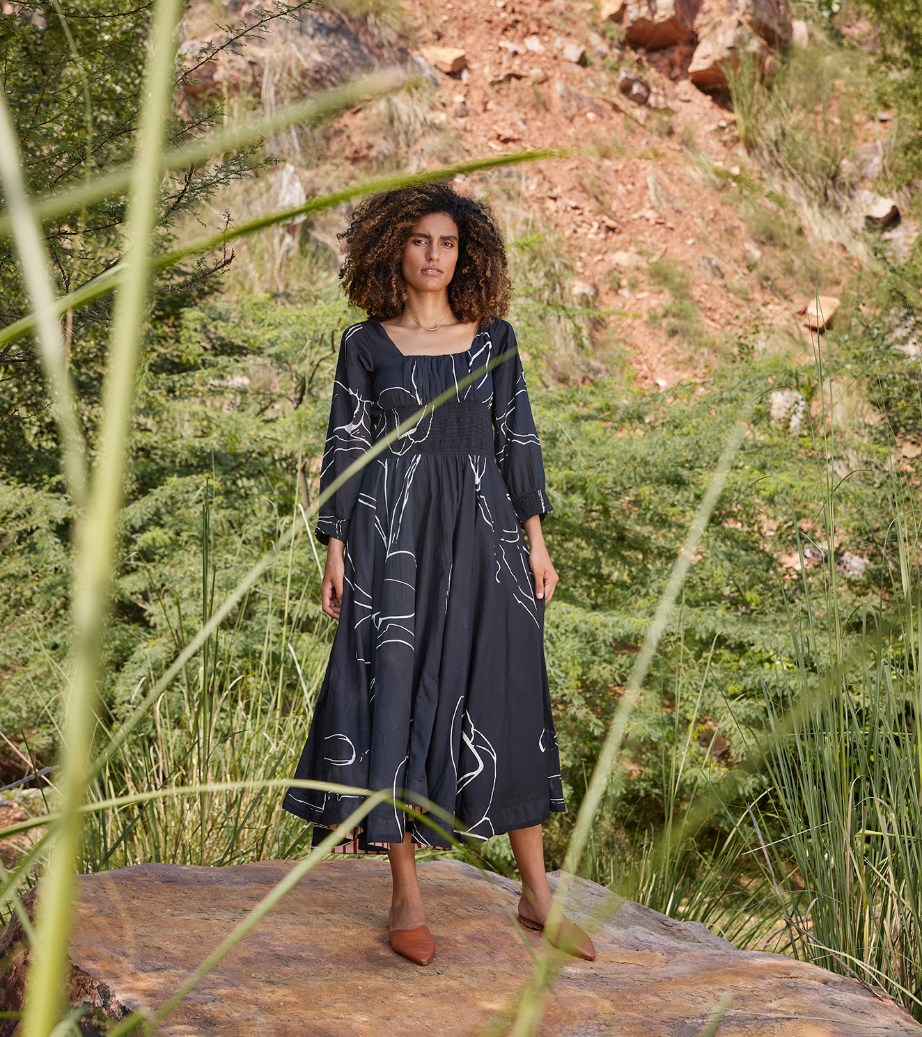 Black Midi Dress by Khara Kapas with 100% Cotton, Black, Casual Wear, Midi Dresses, Organic, Prints, Regular Fit, Under The Autumn Moon A/W 2022, Under The Autumn Moon by Khara Kapas, Womenswear at Kamakhyaa for sustainable fashion