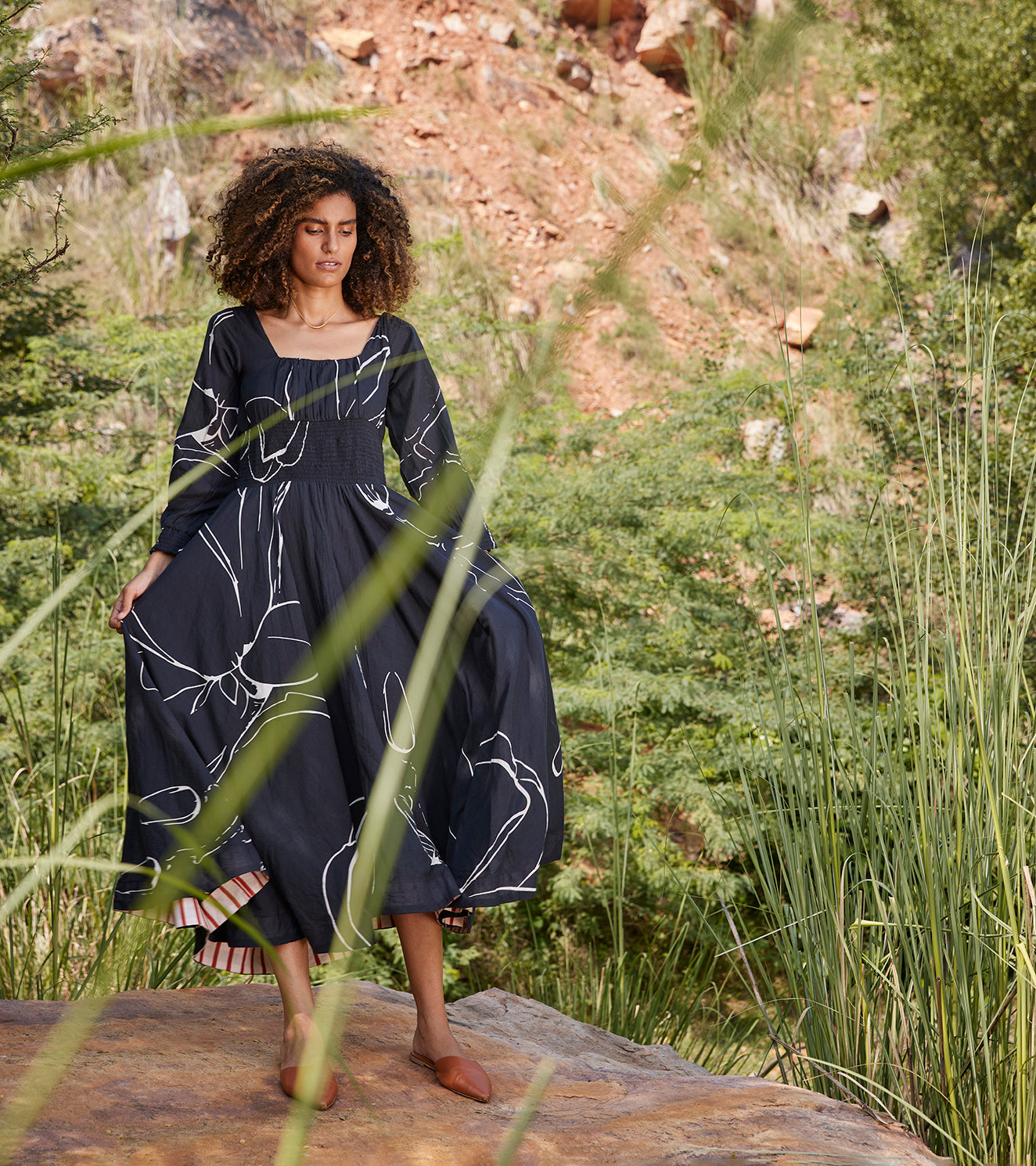 Black Midi Dress by Khara Kapas with 100% Cotton, Black, Casual Wear, Midi Dresses, Organic, Prints, Regular Fit, Under The Autumn Moon A/W 2022, Under The Autumn Moon by Khara Kapas, Womenswear at Kamakhyaa for sustainable fashion