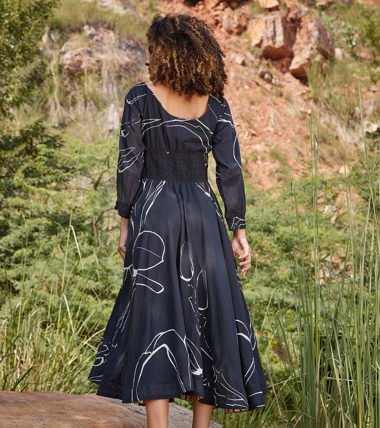 Under Her Gaze Midi Dress Dresses 100% Cotton, Black, Casual Wear, Midi Dresses, Organic, Prints, Regular Fit, Under The Autumn Moon A/W 2022 Khara Kapas Kamakhyaa