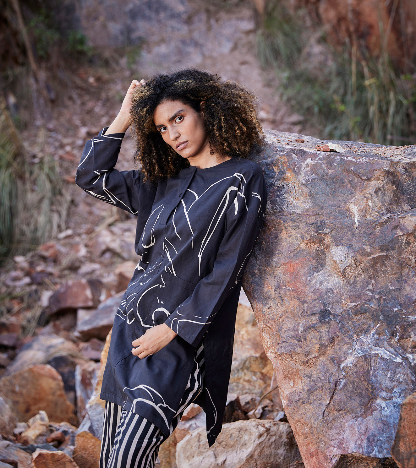 Black Cotton Printed Co-ord Set by Khara Kapas with 100% Cotton, Black, Casual Wear, Co-ord Sets, Organic, Prints, Regular Fit, Travel, Travel Co-ords, Under The Autumn Moon A/W 2022, Under The Autumn Moon by Khara Kapas, Womenswear at Kamakhyaa for sustainable fashion
