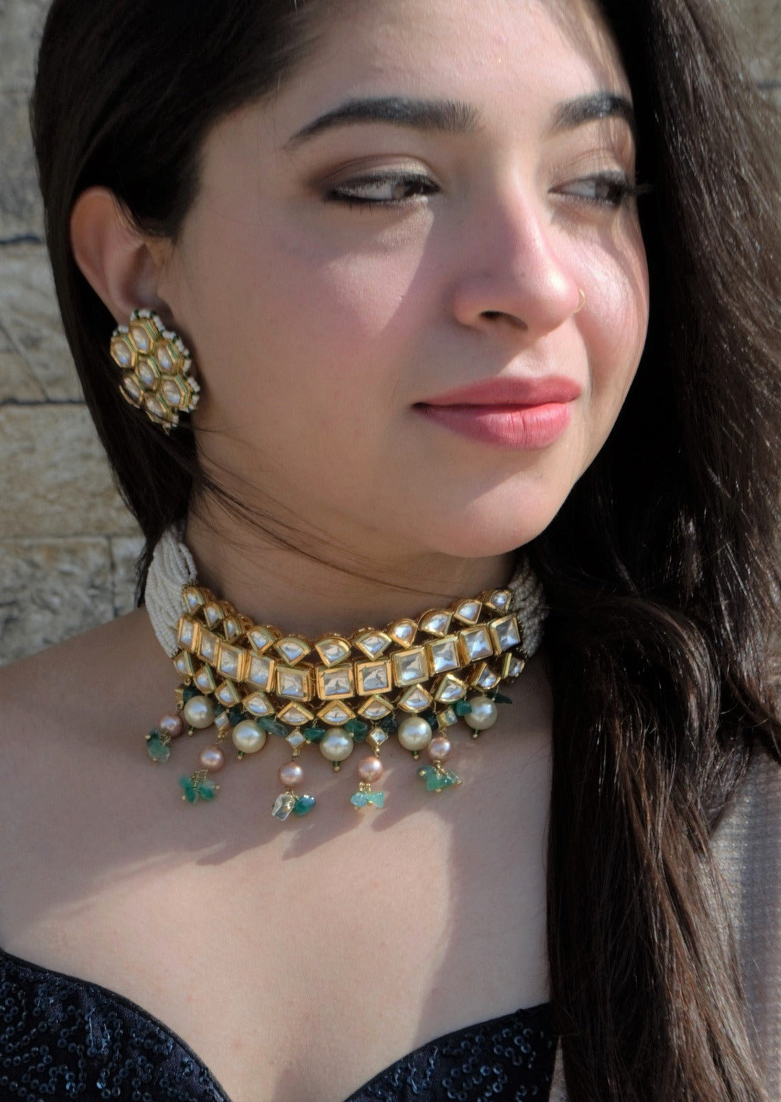 Green Necklace Kundankari Hasli by House Of Heer with Add Ons, Alloy Metal, Festive Jewellery, Festive Wear, Free Size, Green, jewelry, Jewelry Sets, July Sale, July Sale 2023, Natural, Necklaces, Pearl, Polkis, Textured at Kamakhyaa for sustainable fashion