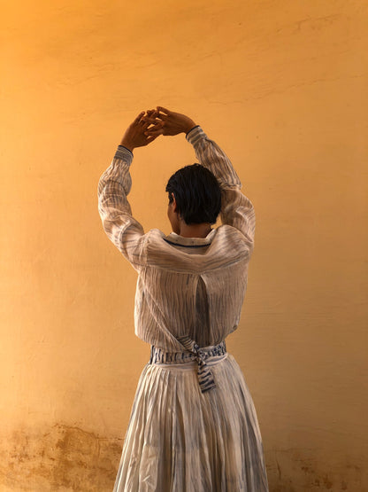 Blue Textured Silk Shirt by The Loom Art with Between The Lines by The Loom Art, Blue, Chanderi Silk, July Sale, July Sale 2023, missing, Natural, Party Wear, Regular Fit, Shirts, Solids, Tops, Womenswear at Kamakhyaa for sustainable fashion