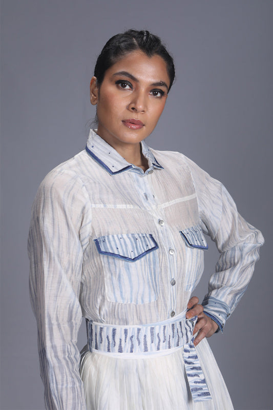 Blue Textured Silk Shirt by The Loom Art with Between The Lines by The Loom Art, Blue, Chanderi Silk, July Sale, July Sale 2023, missing, Natural, Party Wear, Regular Fit, Shirts, Solids, Tops, Womenswear at Kamakhyaa for sustainable fashion