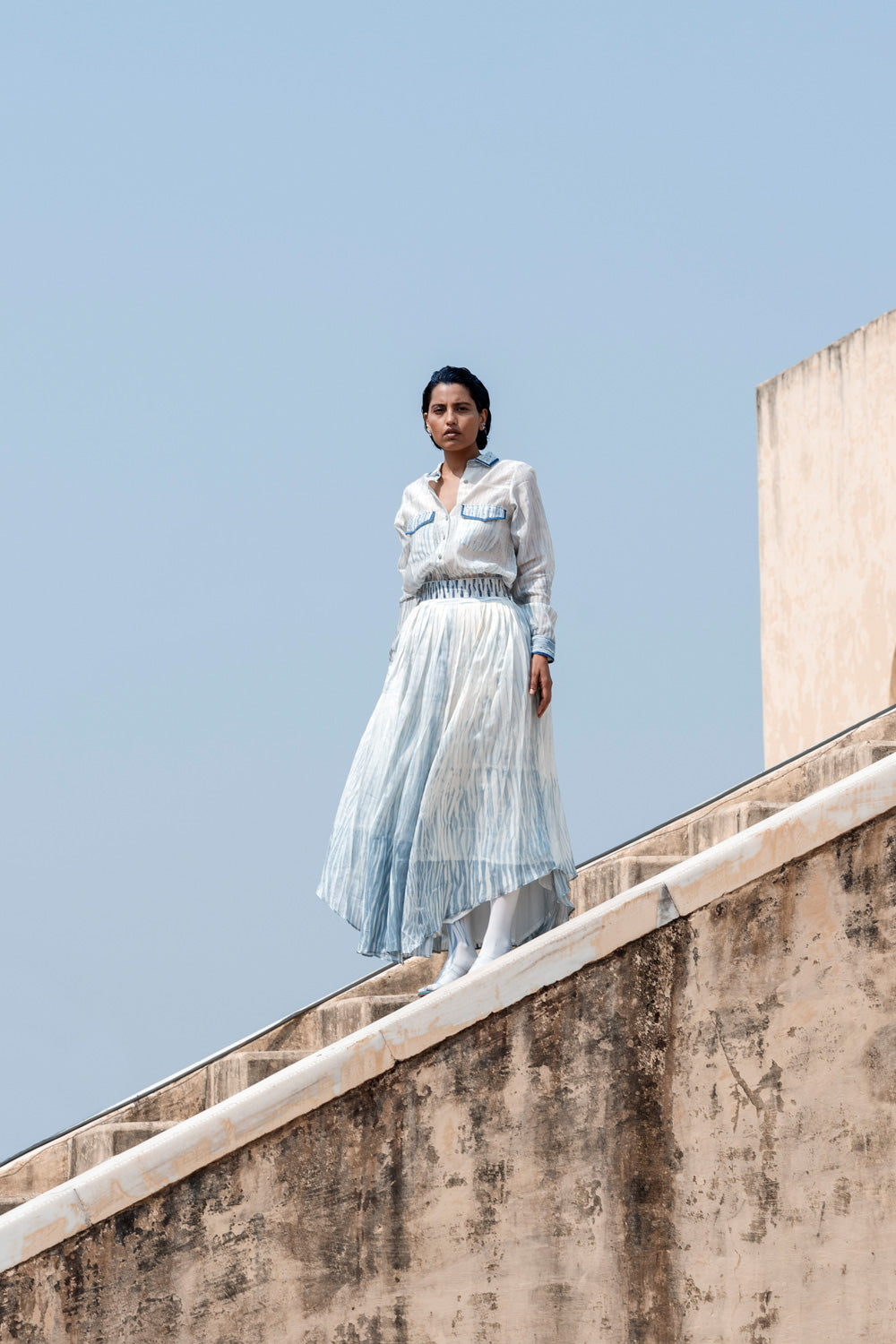 Blue Textured Skirt by The Loom Art with Best Selling, Between The Lines by The Loom Art, Blue, Chanderi Silk, July Sale, July Sale 2023, Maxi Skirts, Natural, Party Wear, Regular Fit, Skirts, Solids, Womenswear at Kamakhyaa for sustainable fashion