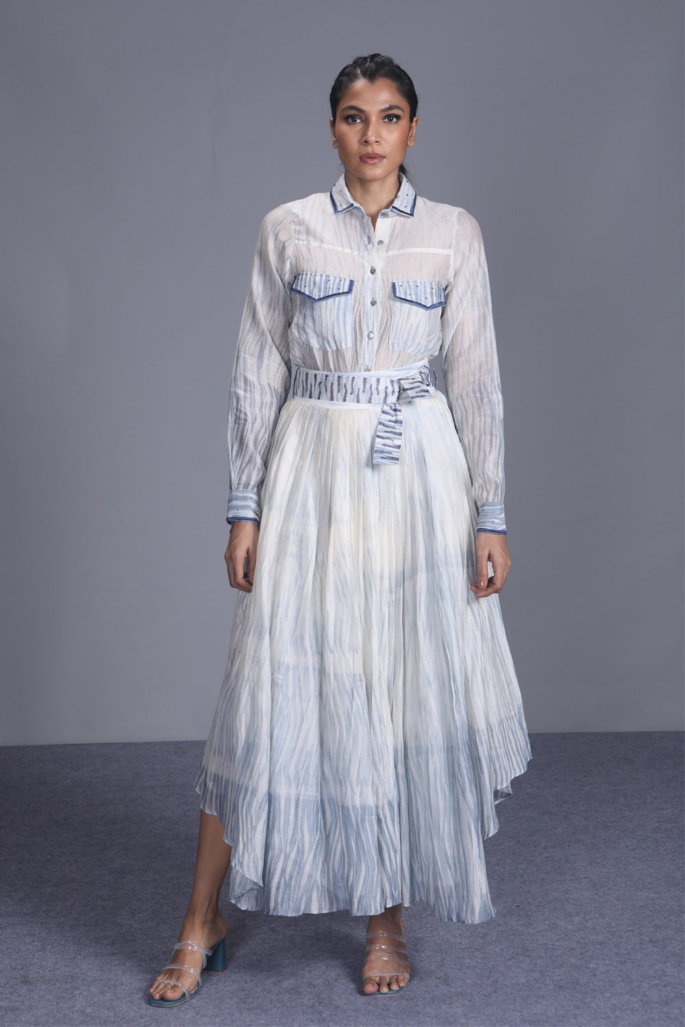 Blue Textured Skirt by The Loom Art with Best Selling, Between The Lines by The Loom Art, Blue, Chanderi Silk, July Sale, July Sale 2023, Maxi Skirts, Natural, Party Wear, Regular Fit, Skirts, Solids, Womenswear at Kamakhyaa for sustainable fashion