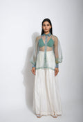 Green Silk Organza Shirt by The Loom Art with Between The Lines by The Loom Art, Green, July Sale, July Sale 2023, Natural, Party Wear, Regular Fit, Shirts, Silk Organza, Tops, Womenswear at Kamakhyaa for sustainable fashion