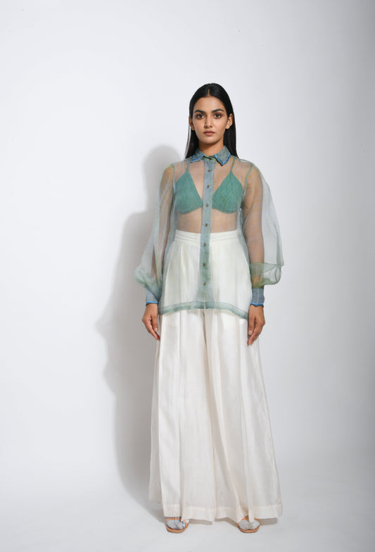 Green Silk Organza Shirt by The Loom Art with Between The Lines by The Loom Art, Green, July Sale, July Sale 2023, Natural, Party Wear, Regular Fit, Shirts, Silk Organza, Tops, Womenswear at Kamakhyaa for sustainable fashion