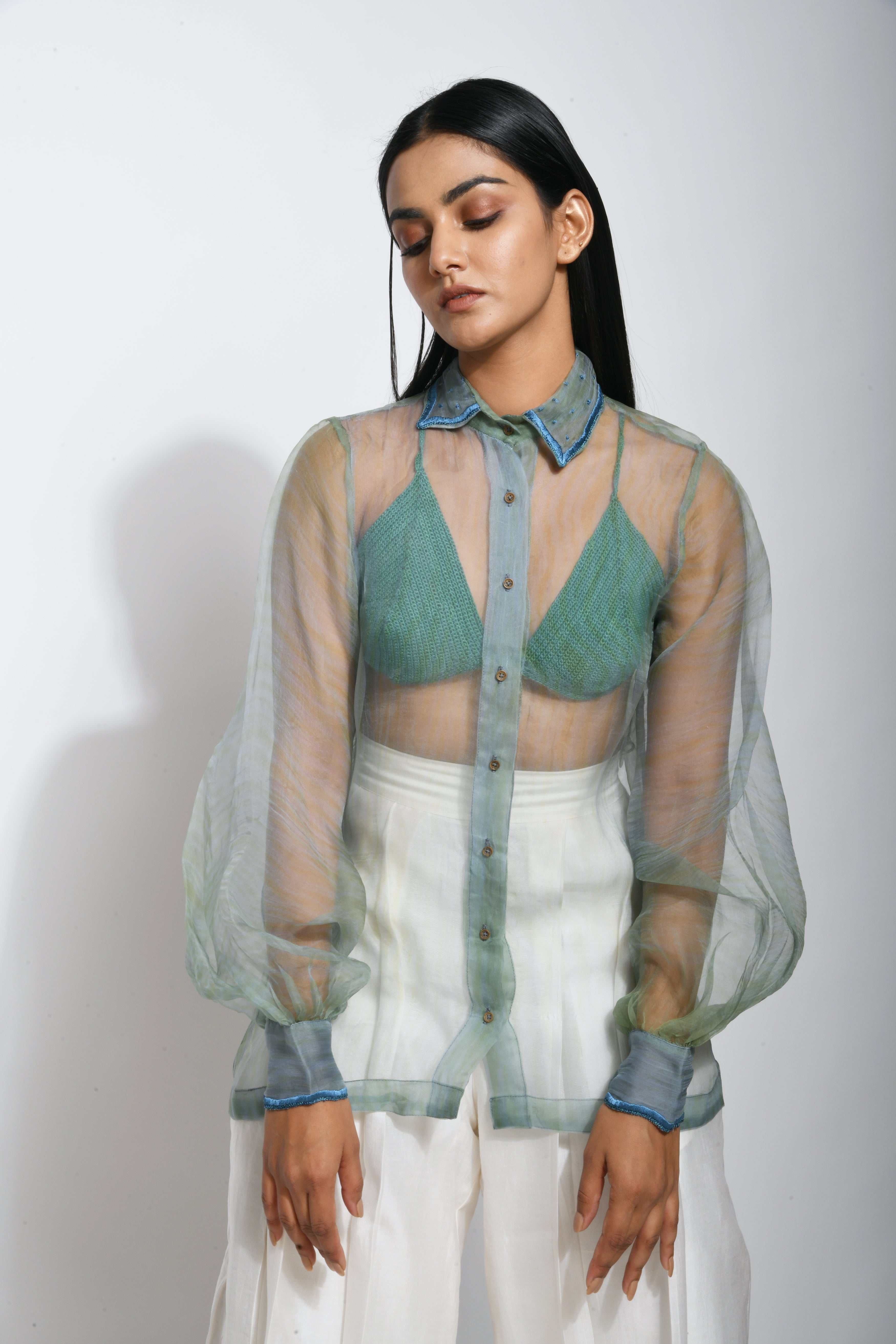 Green Silk Organza Shirt by The Loom Art with Between The Lines by The Loom Art, Green, July Sale, July Sale 2023, Natural, Party Wear, Regular Fit, Shirts, Silk Organza, Tops, Womenswear at Kamakhyaa for sustainable fashion