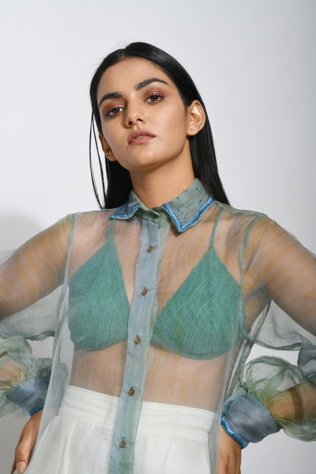 Green Silk Organza Shirt by The Loom Art with Between The Lines by The Loom Art, Green, July Sale, July Sale 2023, Natural, Party Wear, Regular Fit, Shirts, Silk Organza, Tops, Womenswear at Kamakhyaa for sustainable fashion