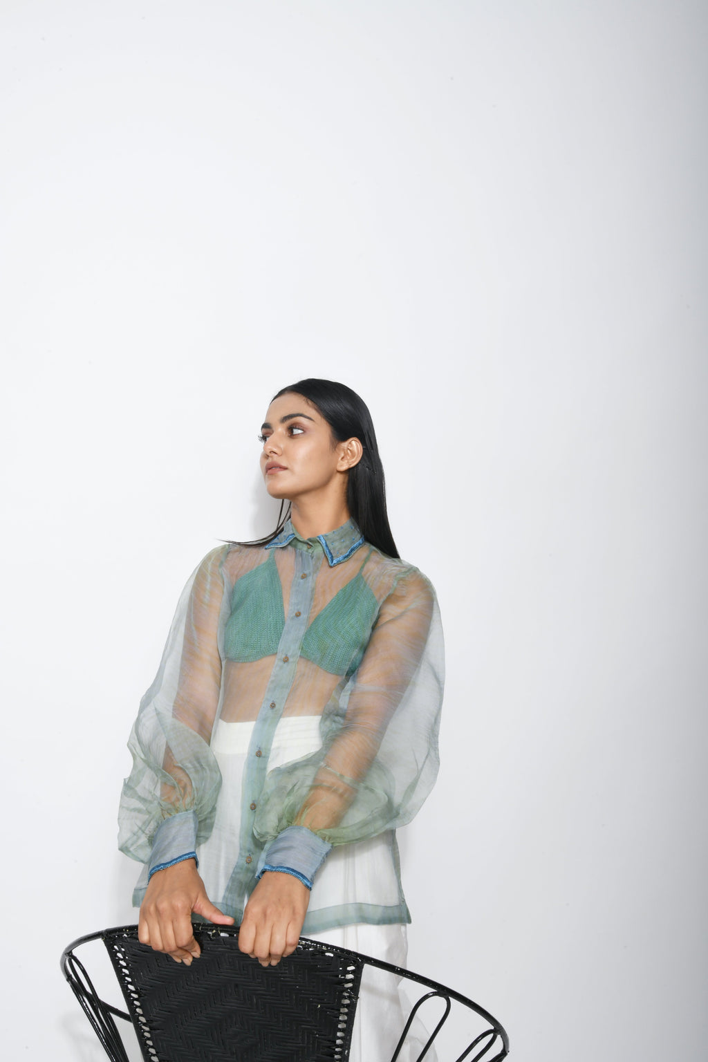 Green Silk Organza Shirt by The Loom Art with Between The Lines by The Loom Art, Green, July Sale, July Sale 2023, Natural, Party Wear, Regular Fit, Shirts, Silk Organza, Tops, Womenswear at Kamakhyaa for sustainable fashion