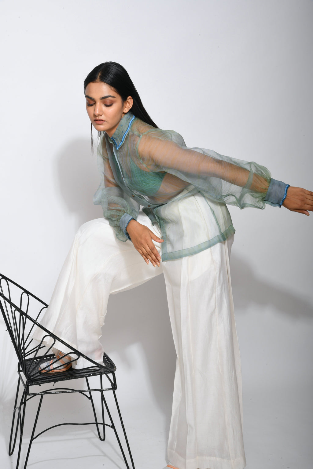 Green Silk Organza Shirt by The Loom Art with Between The Lines by The Loom Art, Green, July Sale, July Sale 2023, Natural, Party Wear, Regular Fit, Shirts, Silk Organza, Tops, Womenswear at Kamakhyaa for sustainable fashion