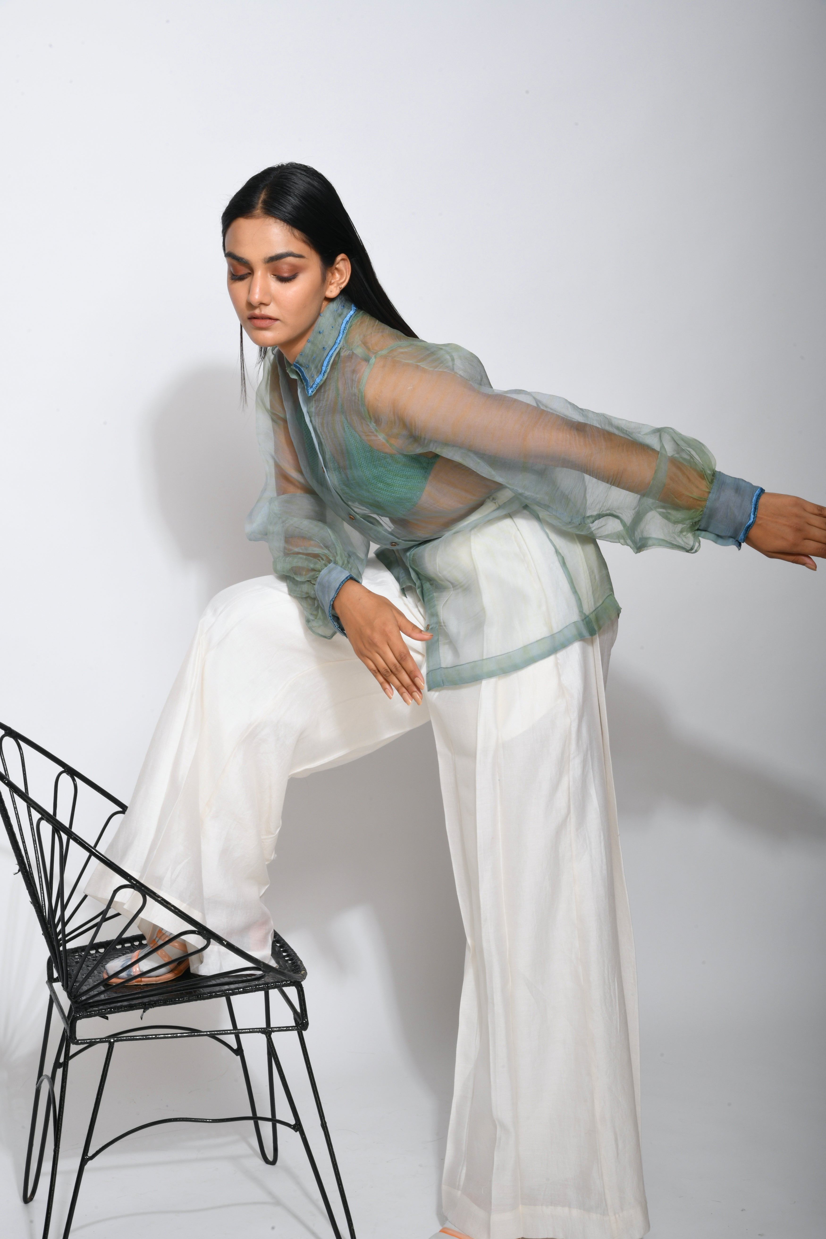 Green Silk Organza Shirt by The Loom Art with Between The Lines by The Loom Art, Green, July Sale, July Sale 2023, Natural, Party Wear, Regular Fit, Shirts, Silk Organza, Tops, Womenswear at Kamakhyaa for sustainable fashion