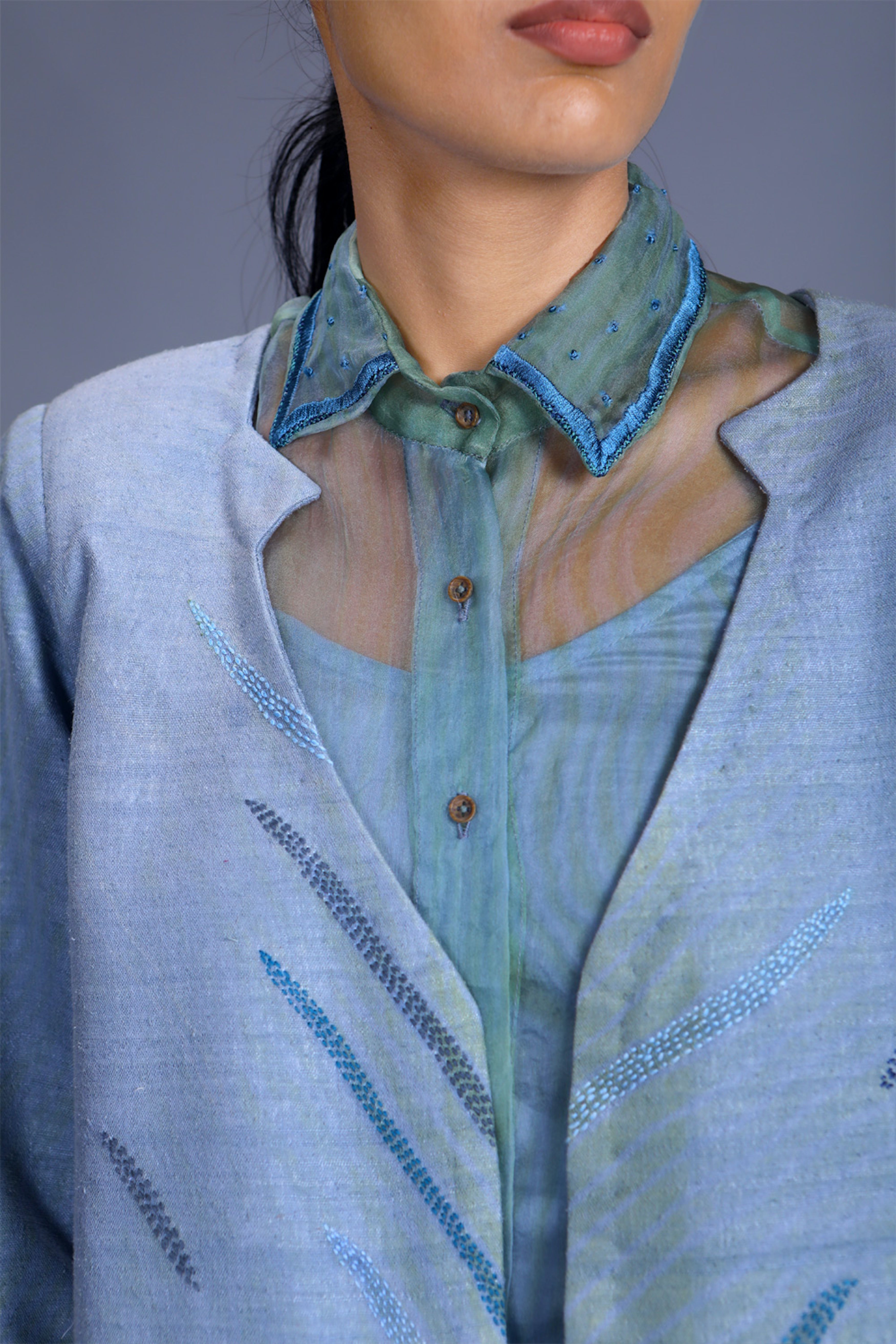 Green Silk Organza Shirt by The Loom Art with Between The Lines by The Loom Art, Green, July Sale, July Sale 2023, Natural, Party Wear, Regular Fit, Shirts, Silk Organza, Tops, Womenswear at Kamakhyaa for sustainable fashion