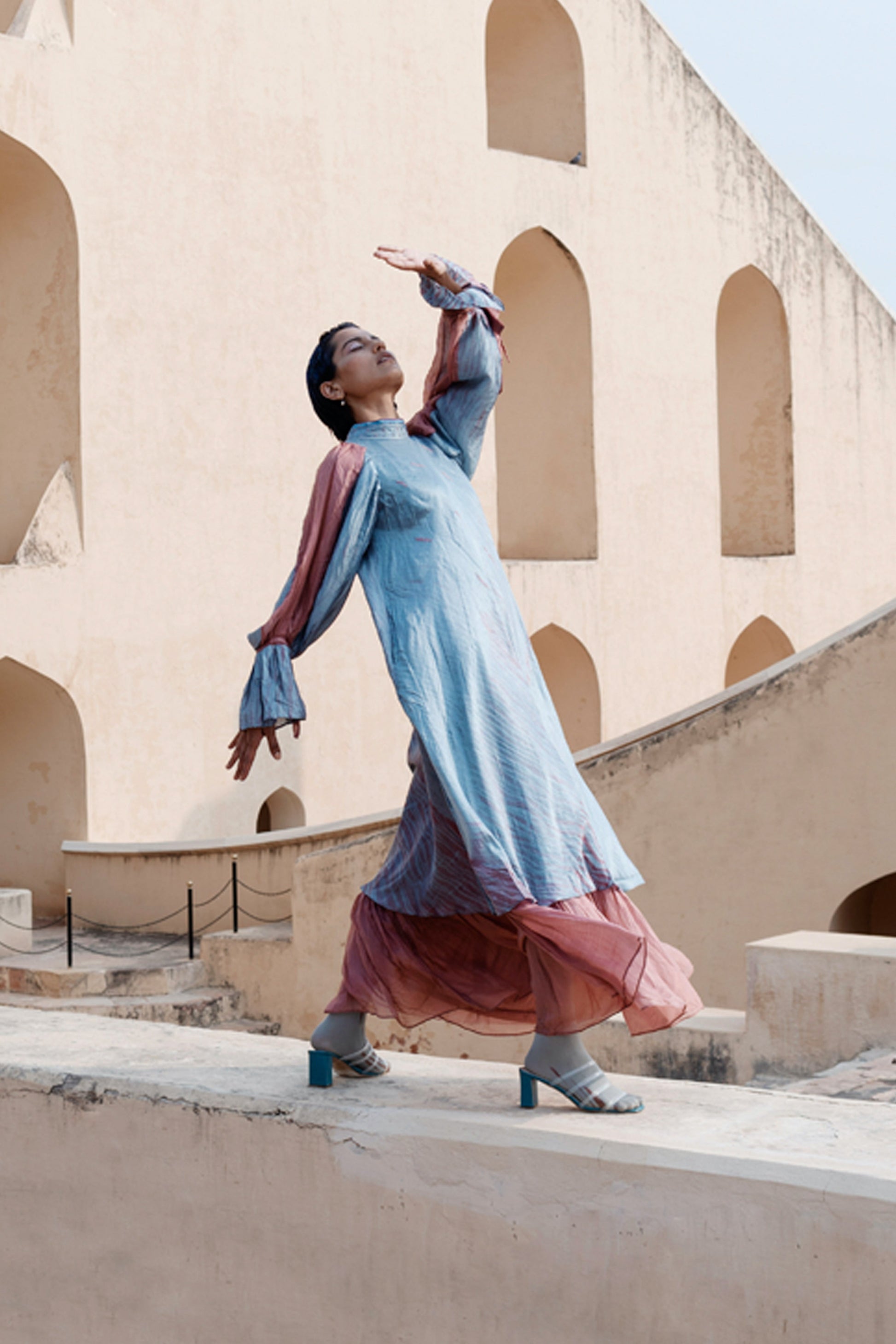 Blue Layered Silk Maxi Dress by The Loom Art with Between The Lines by The Loom Art, Blue, Handwoven, July Sale, July Sale 2023, Maxi Dresses, Natural, Ombre & Dyes, Party Wear, Regular Fit, Silk, Womenswear at Kamakhyaa for sustainable fashion