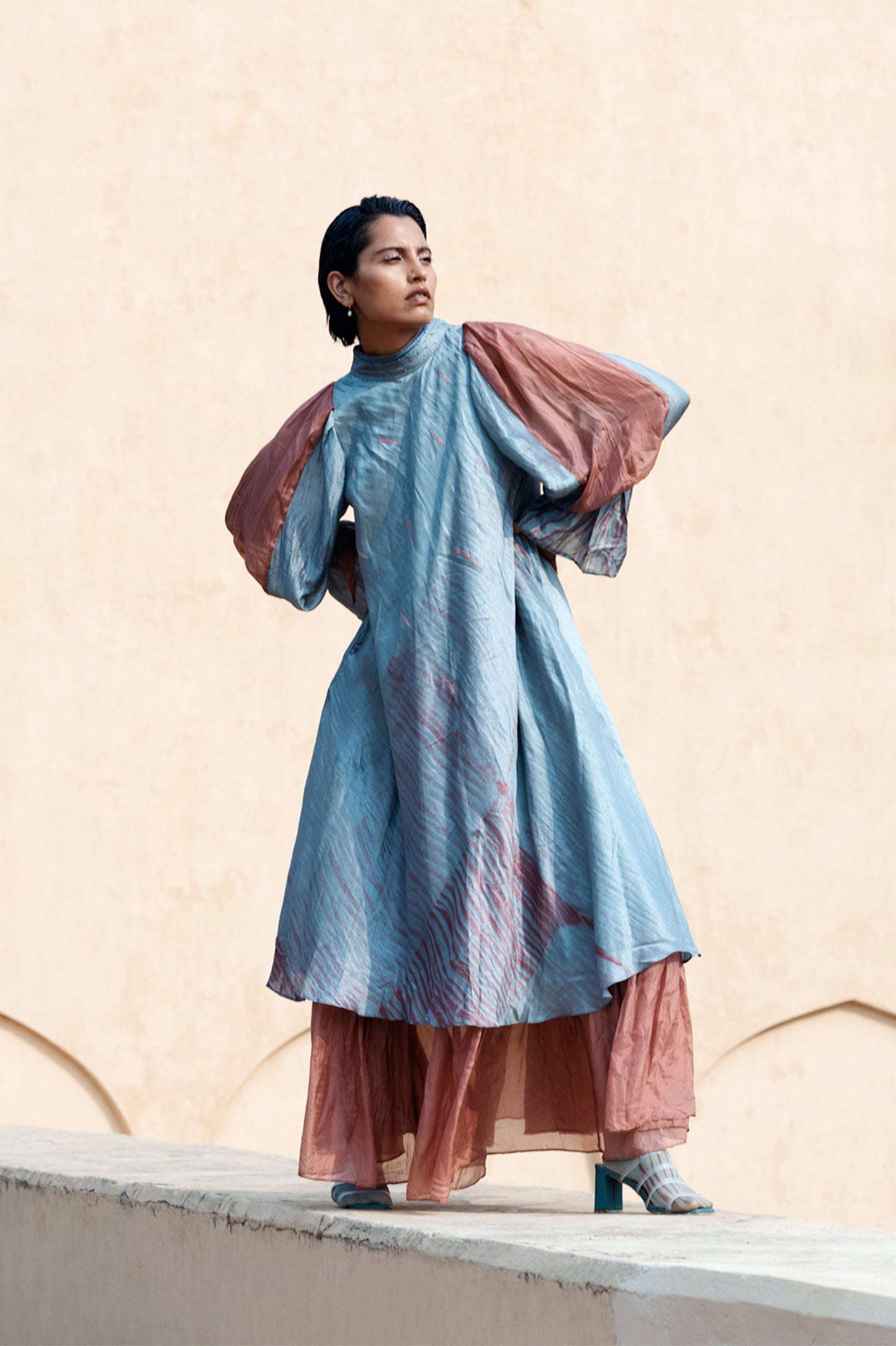 Blue Layered Silk Maxi Dress by The Loom Art with Between The Lines by The Loom Art, Blue, Handwoven, July Sale, July Sale 2023, Maxi Dresses, Natural, Ombre & Dyes, Party Wear, Regular Fit, Silk, Womenswear at Kamakhyaa for sustainable fashion