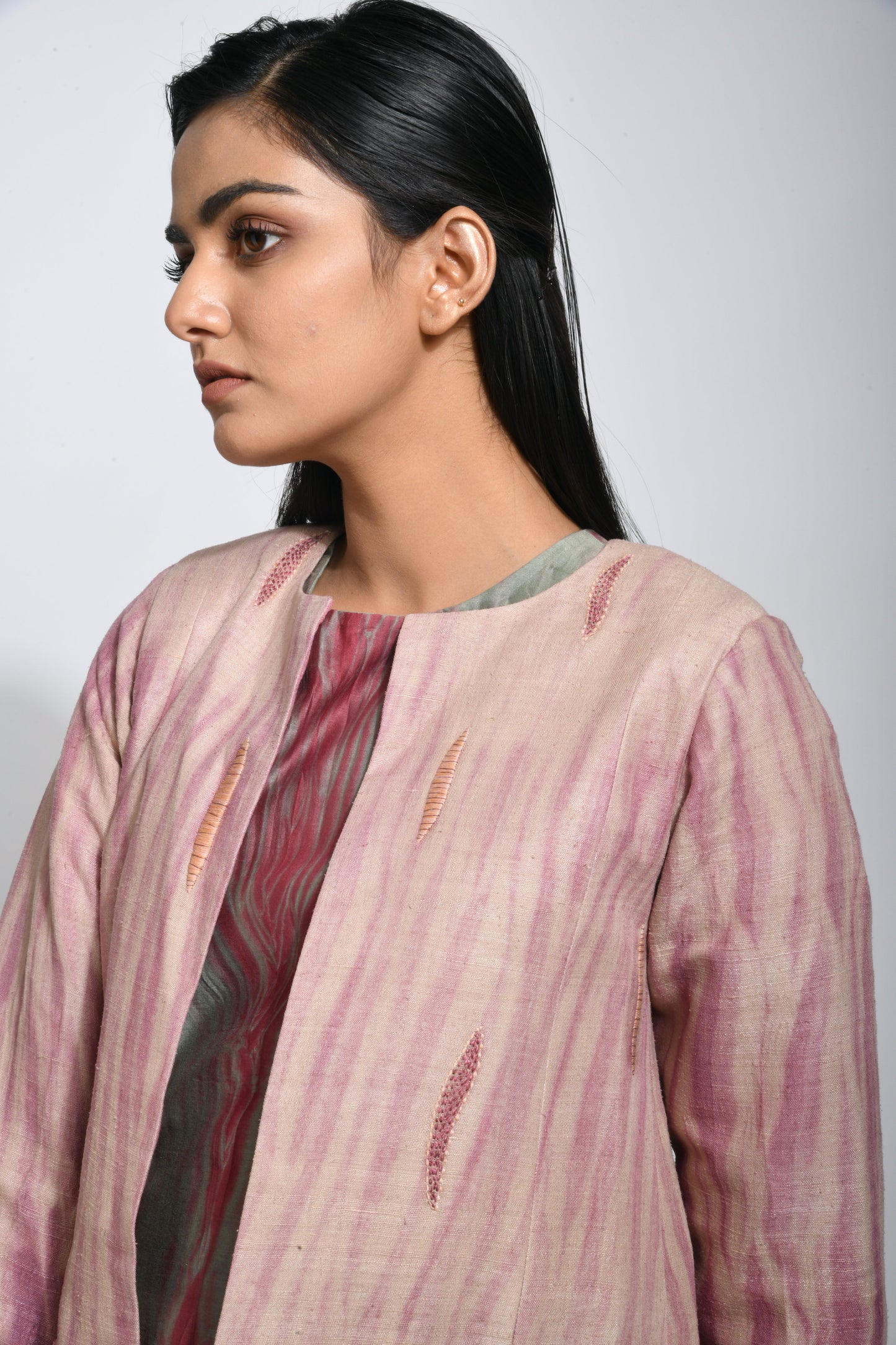 Pink Embroidered Textured Jacket by The Loom Art with Between The Lines by The Loom Art, Embroidered, Jackets, July Sale, July Sale 2023, Matka Silk, Natural, Party Wear, Pink, Regular Fit, Textured, Womenswear at Kamakhyaa for sustainable fashion