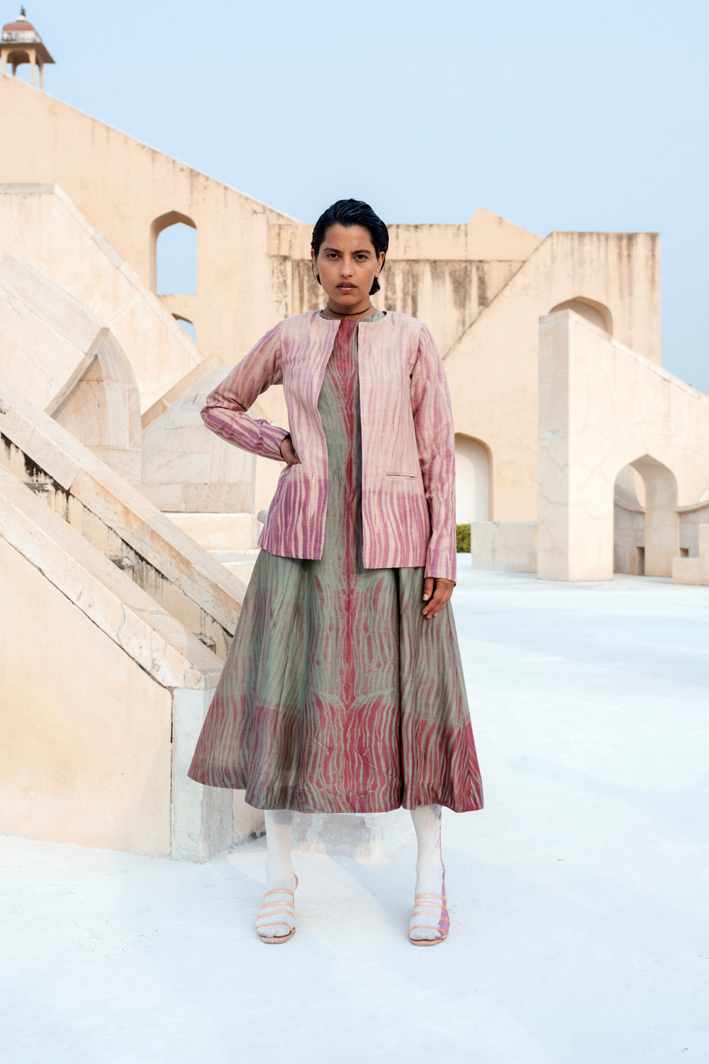 Pink Embroidered Textured Jacket by The Loom Art with Between The Lines by The Loom Art, Embroidered, Jackets, July Sale, July Sale 2023, Matka Silk, Natural, Party Wear, Pink, Regular Fit, Textured, Womenswear at Kamakhyaa for sustainable fashion