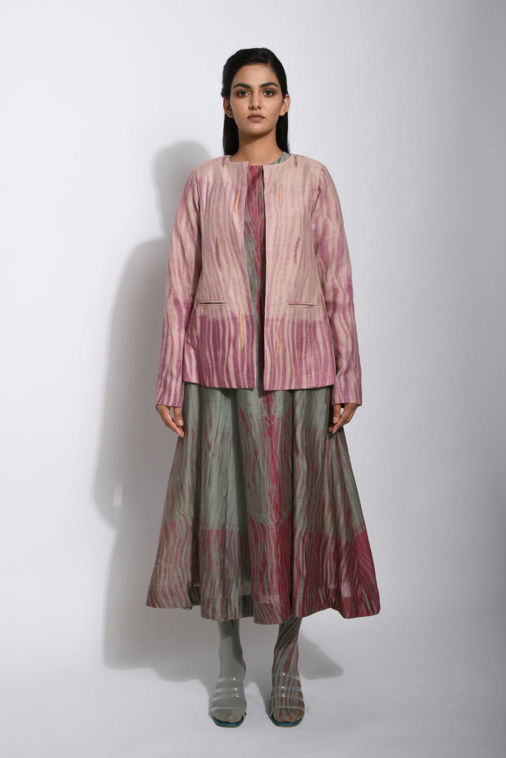 Pink Embroidered Textured Jacket by The Loom Art with Between The Lines by The Loom Art, Embroidered, Jackets, July Sale, July Sale 2023, Matka Silk, Natural, Party Wear, Pink, Regular Fit, Textured, Womenswear at Kamakhyaa for sustainable fashion