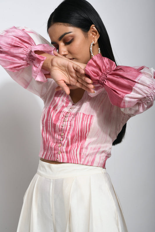 Pink Textured Crop Top by The Loom Art with Best Selling, Between The Lines by The Loom Art, Chanderi Silk, Crop Tops, Handwoven silk, July Sale, July Sale 2023, Natural, Party Wear, Pink, Printed Selfsame, Regular Fit, Textured, Tops, Womenswear at Kamakhyaa for sustainable fashion