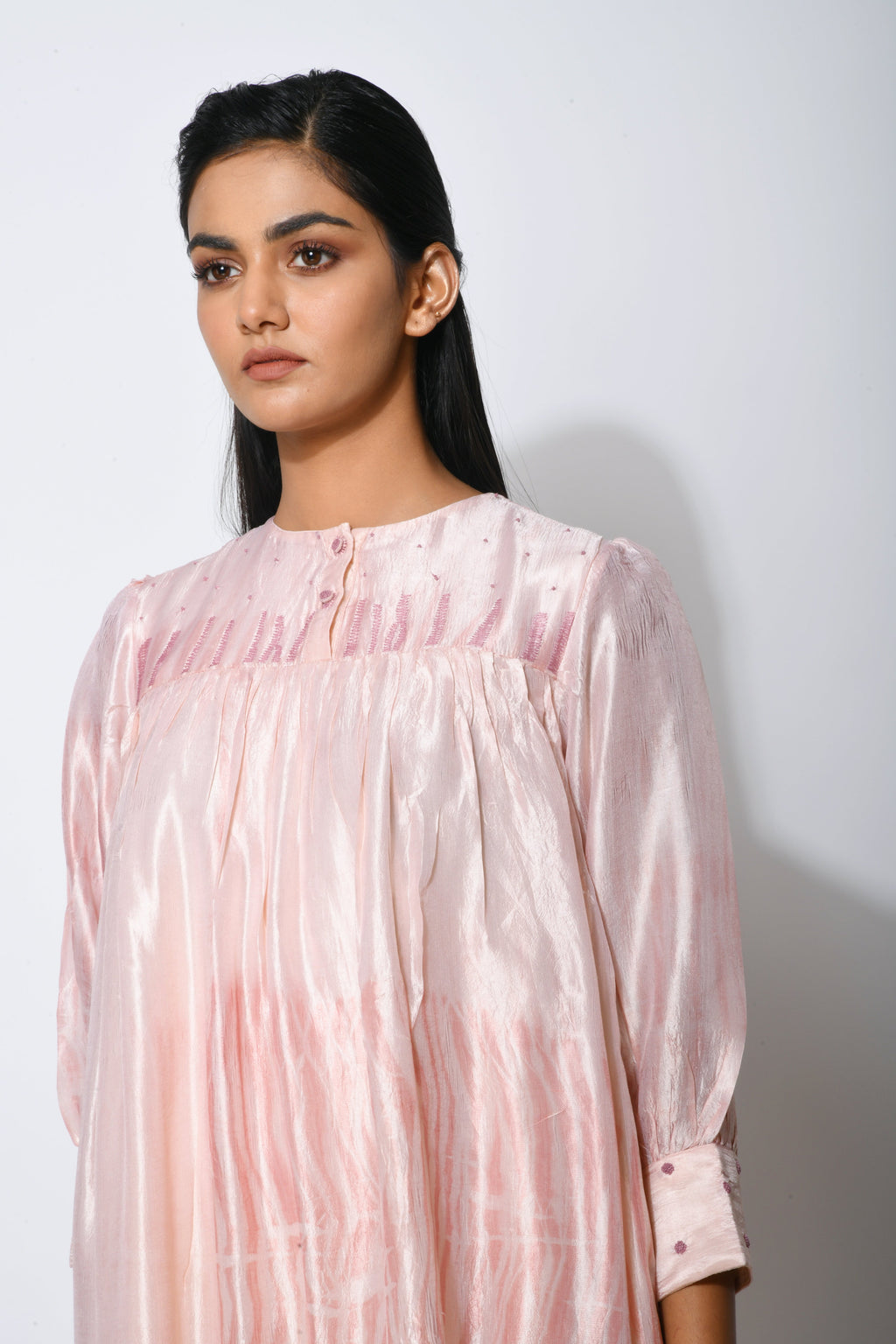 Pink Embroidered Tier Dress by The Loom Art with Between The Lines by The Loom Art, Dupian Silk, Embroidered, July Sale, July Sale 2023, Midi Dresses, Natural, Party Wear, Pink, Regular Fit, Tiered Dresses, Womenswear at Kamakhyaa for sustainable fashion
