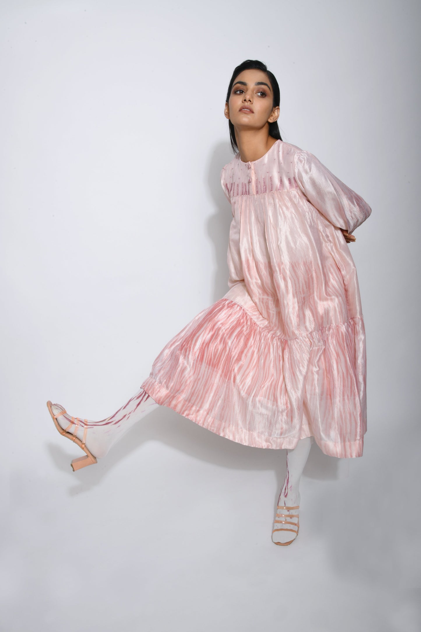 Pink Embroidered Tier Dress by The Loom Art with Between The Lines by The Loom Art, Dupian Silk, Embroidered, July Sale, July Sale 2023, Midi Dresses, Natural, Party Wear, Pink, Regular Fit, Tiered Dresses, Womenswear at Kamakhyaa for sustainable fashion