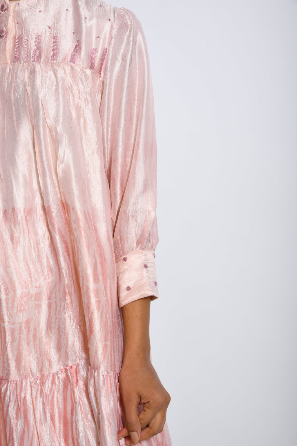 Pink Embroidered Tier Dress by The Loom Art with Between The Lines by The Loom Art, Dupian Silk, Embroidered, July Sale, July Sale 2023, Midi Dresses, Natural, Party Wear, Pink, Regular Fit, Tiered Dresses, Womenswear at Kamakhyaa for sustainable fashion