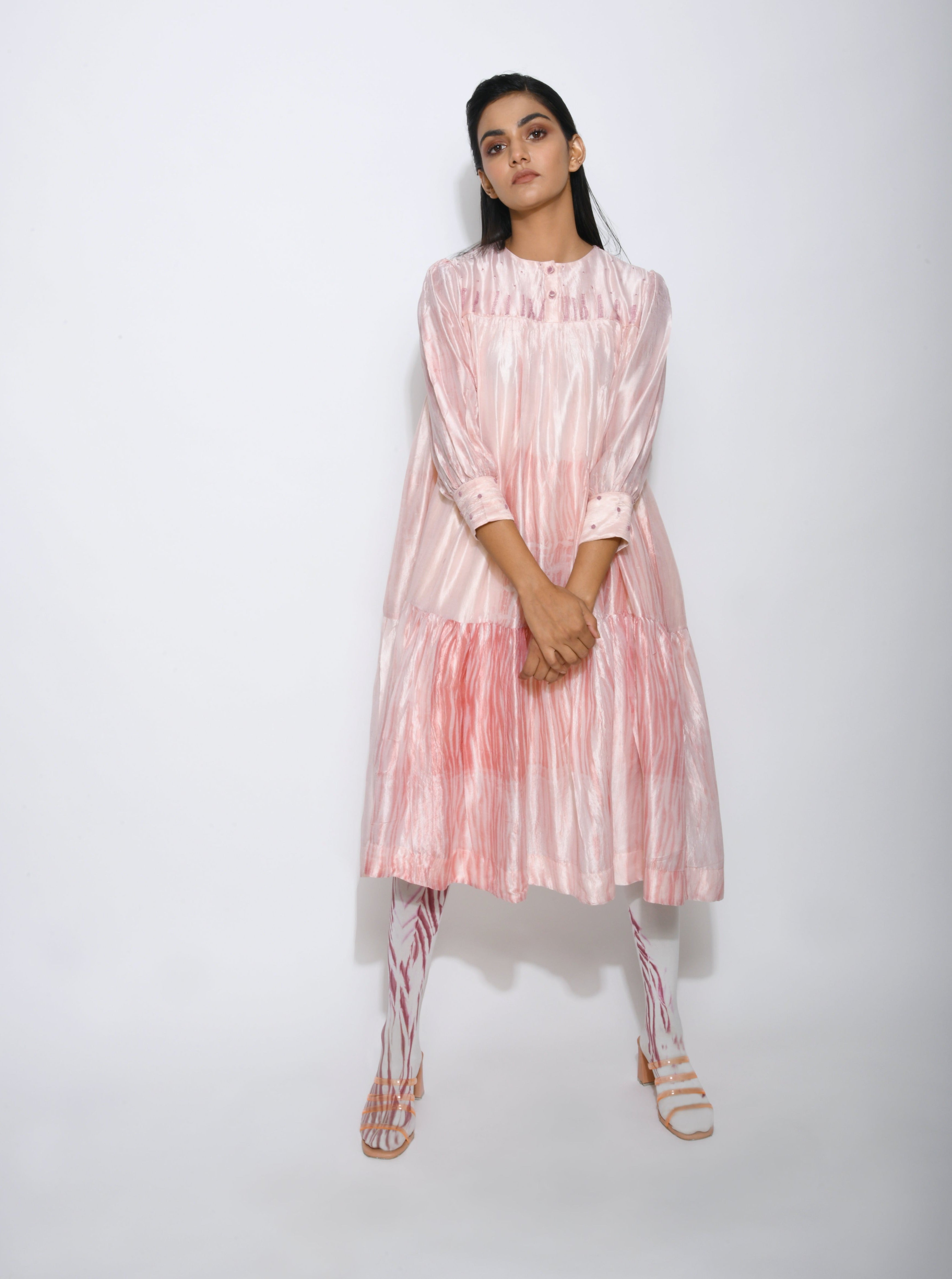 Pink Embroidered Tier Dress by The Loom Art with Between The Lines by The Loom Art, Dupian Silk, Embroidered, July Sale, July Sale 2023, Midi Dresses, Natural, Party Wear, Pink, Regular Fit, Tiered Dresses, Womenswear at Kamakhyaa for sustainable fashion