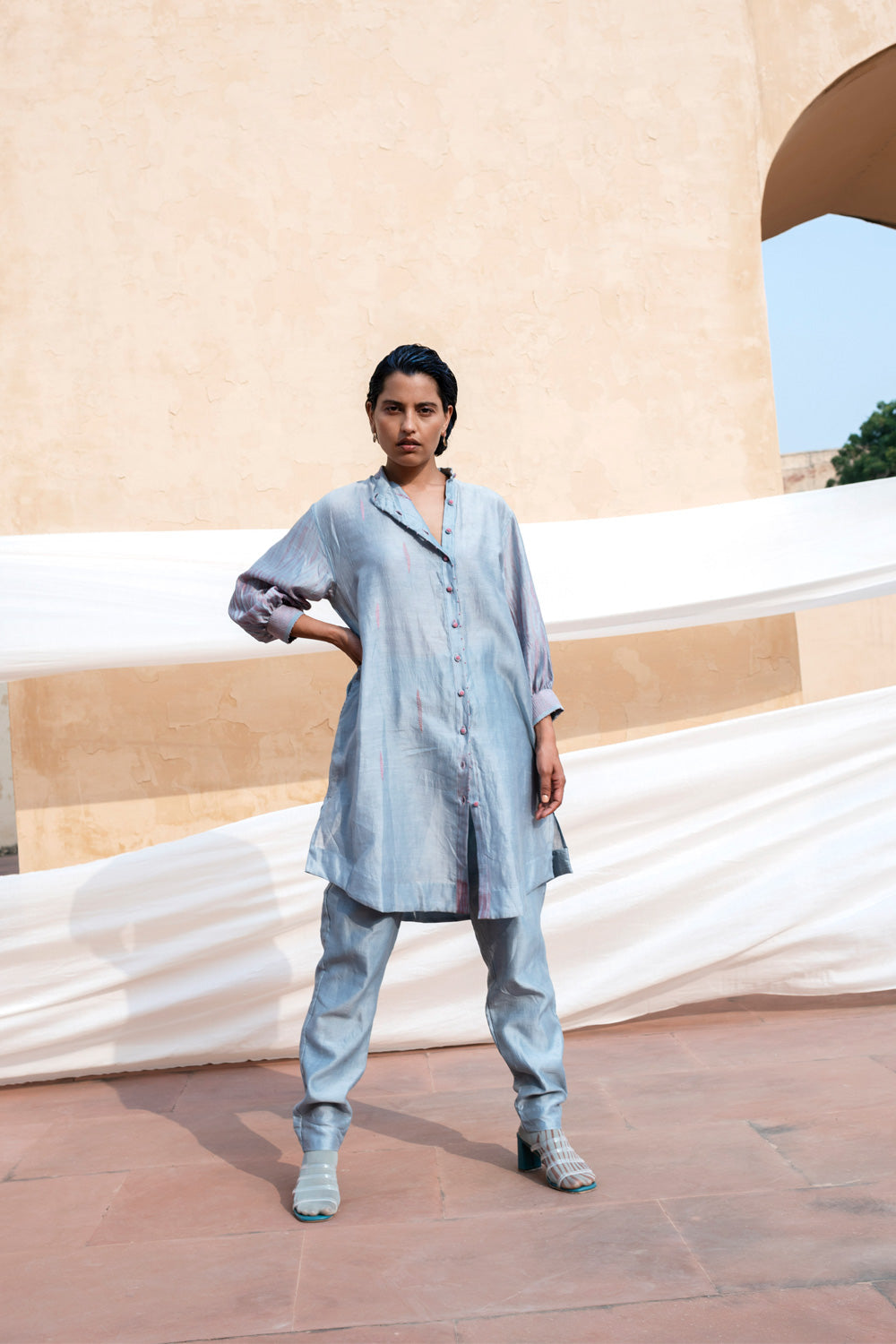 Blue Pants Bottoms Between the Lines, Blue, Chanderi SIlk, Fitted At Waist, Natural, Pants, Solids The Loom Art Kamakhyaa
