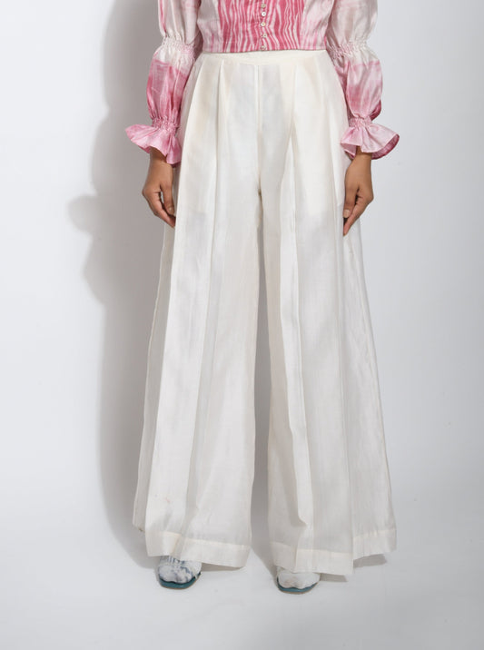 White Pants by The Loom Art with Best Selling, Between The Lines by The Loom Art, Chanderi Silk, July Sale, July Sale 2023, Natural, Palazzo Pants, Party Wear, Regular Fit, Solids, White, Womenswear at Kamakhyaa for sustainable fashion