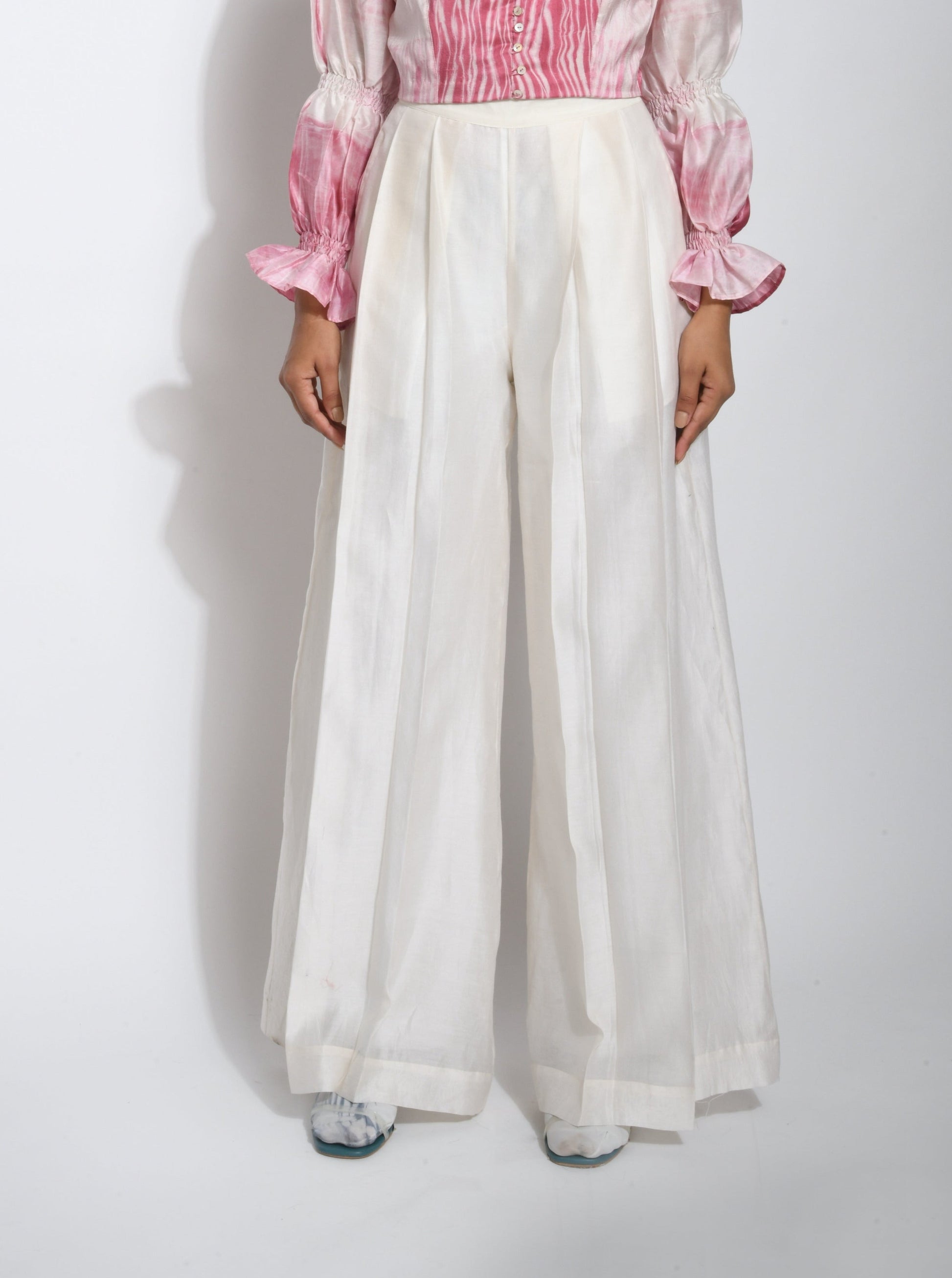 White Pants by The Loom Art with Best Selling, Between The Lines by The Loom Art, Chanderi Silk, July Sale, July Sale 2023, Natural, Palazzo Pants, Party Wear, Regular Fit, Solids, White, Womenswear at Kamakhyaa for sustainable fashion