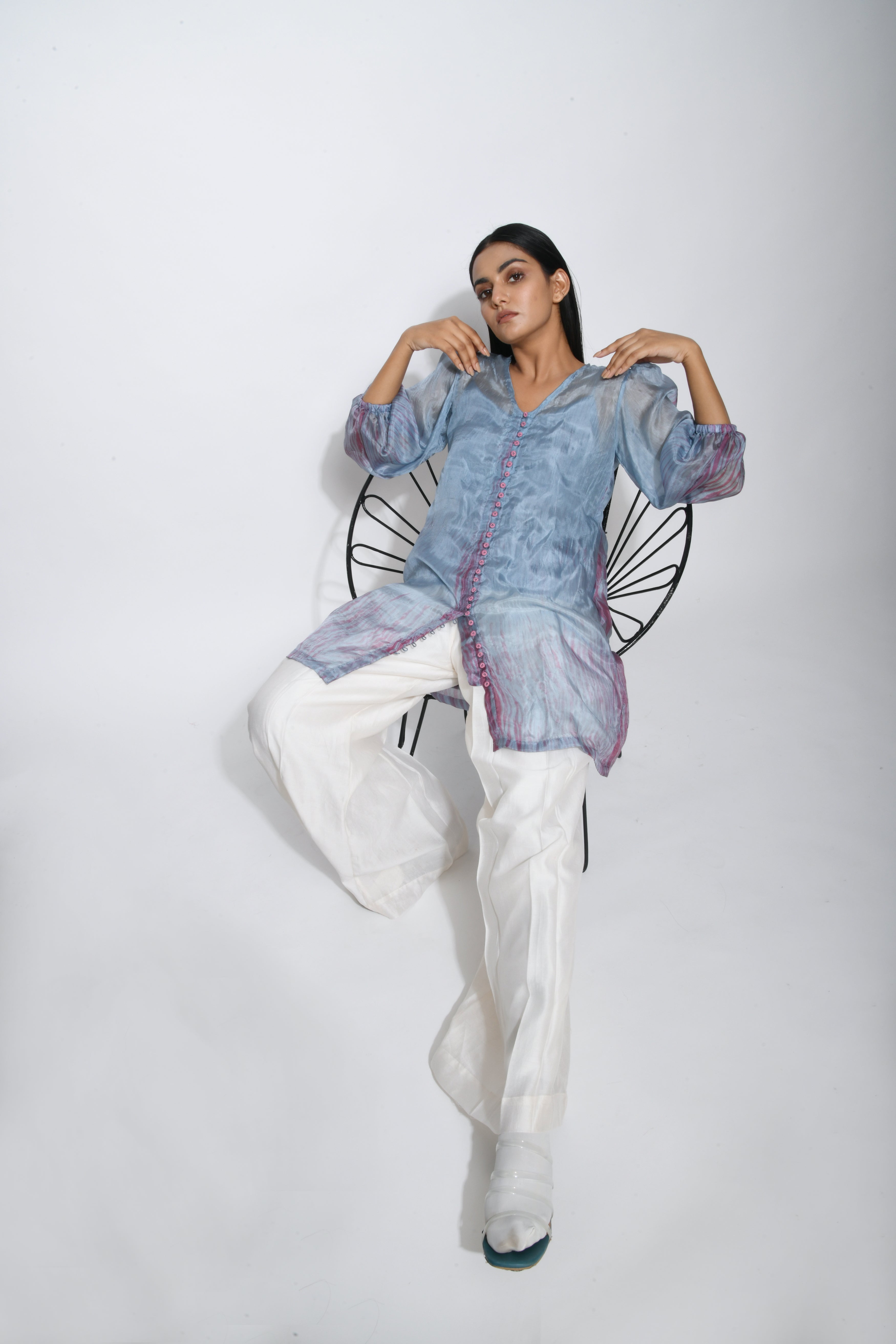 Blue Textured Shirt by The Loom Art with Between The Lines by The Loom Art, Blue, Handwoven silk, July Sale, July Sale 2023, Natural, Ombre & Dyes, Party Wear, Regular Fit, Shirts, Solids, Tops, Womenswear at Kamakhyaa for sustainable fashion