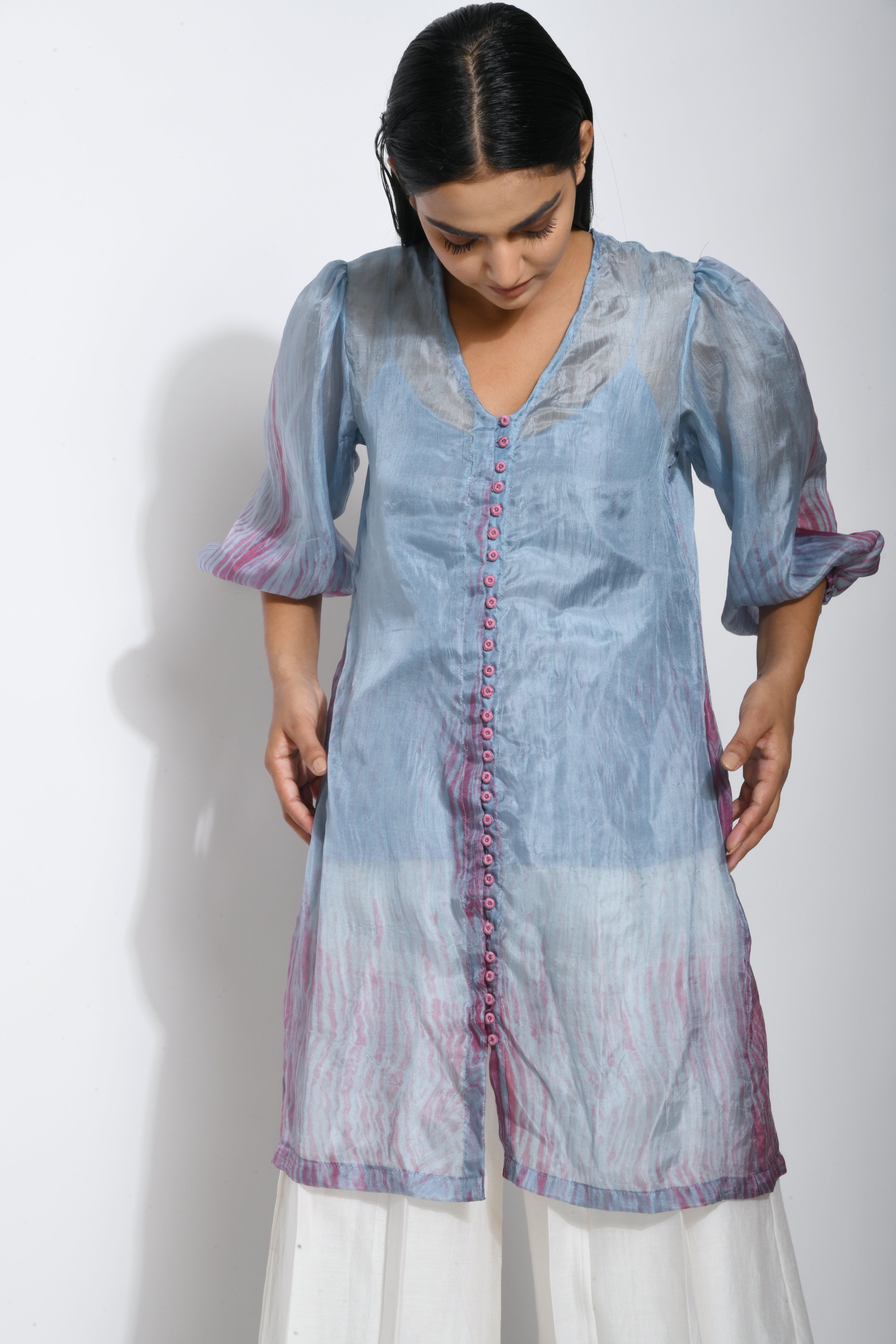Blue Textured Shirt by The Loom Art with Between The Lines by The Loom Art, Blue, Handwoven silk, July Sale, July Sale 2023, Natural, Ombre & Dyes, Party Wear, Regular Fit, Shirts, Solids, Tops, Womenswear at Kamakhyaa for sustainable fashion