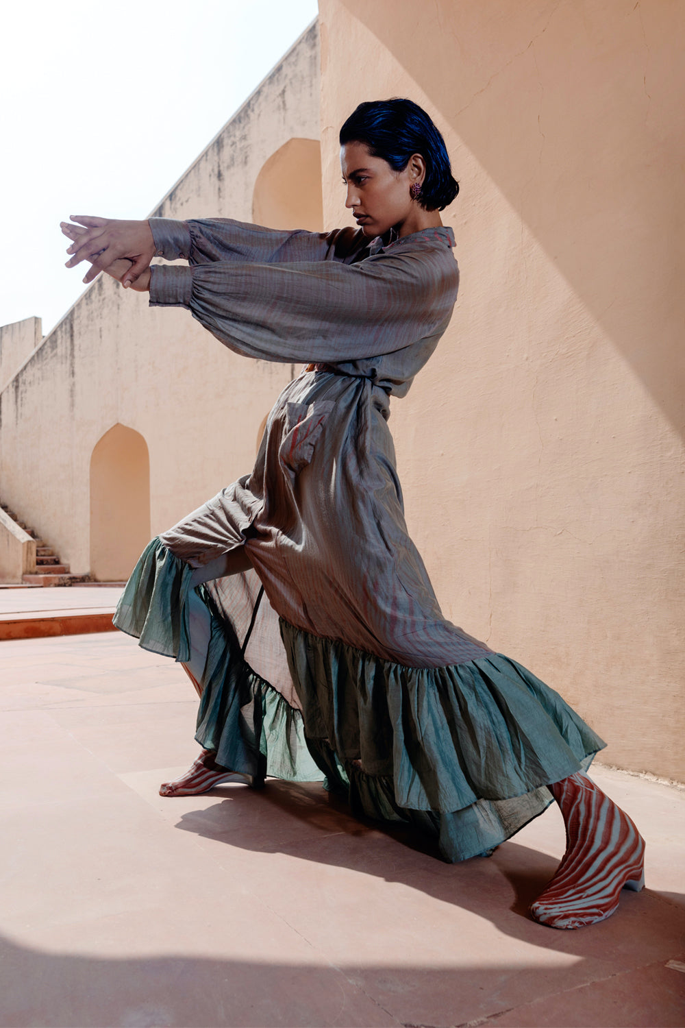 Blue Cotton Silk Shirt Dress by The Loom Art with Between The Lines by The Loom Art, Blue, Handwoven cotton silk, July Sale, July Sale 2023, Maxi Dresses, Natural, Ombre & Dyes, Party Wear, Regular Fit, Ruffle Dresses, Shirt Dresses, Womenswear at Kamakhyaa for sustainable fashion